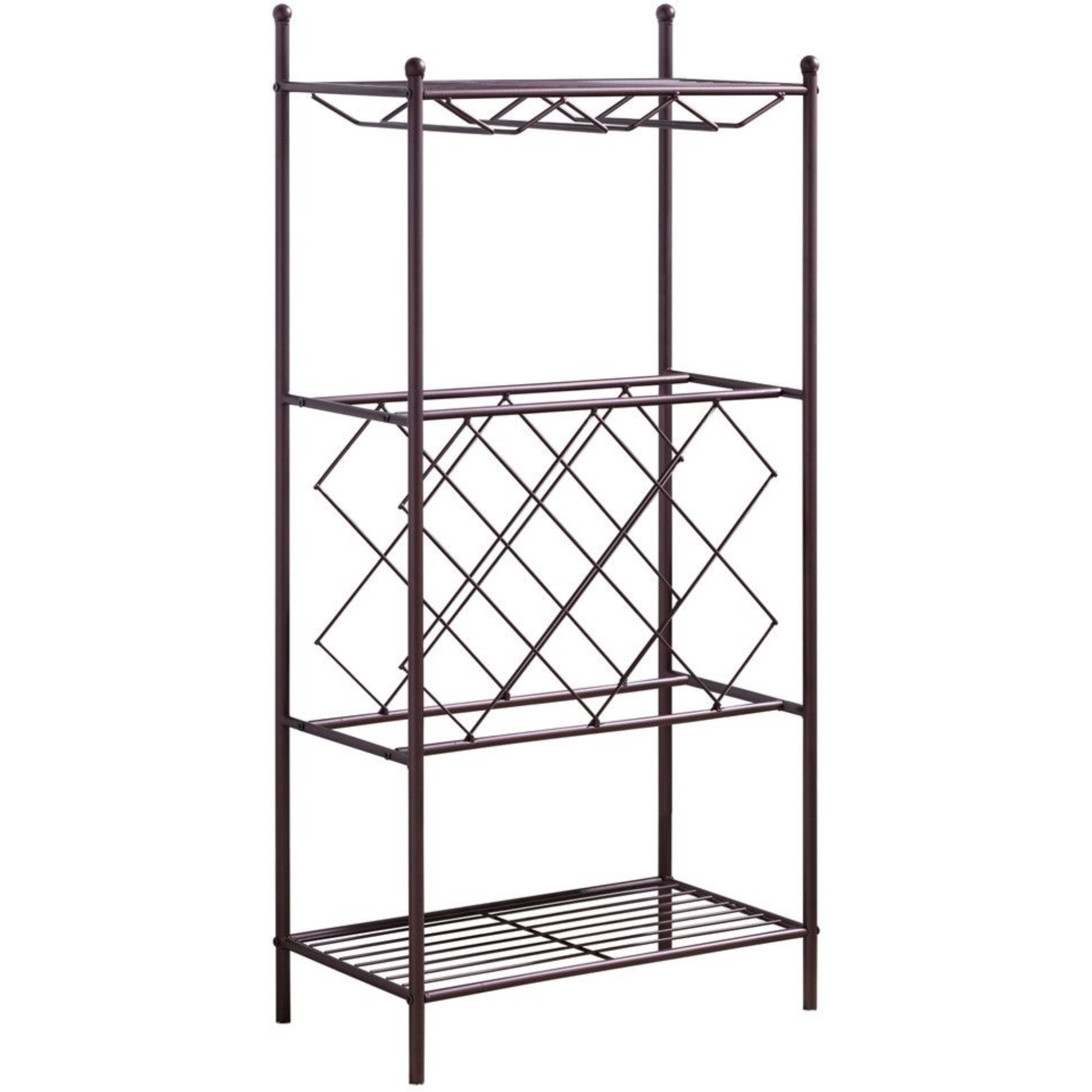 President Freestanding Wine Rack Stand, Bronze Metal, With 8 Bottle Holders, Glass Holder & Storage Shelves