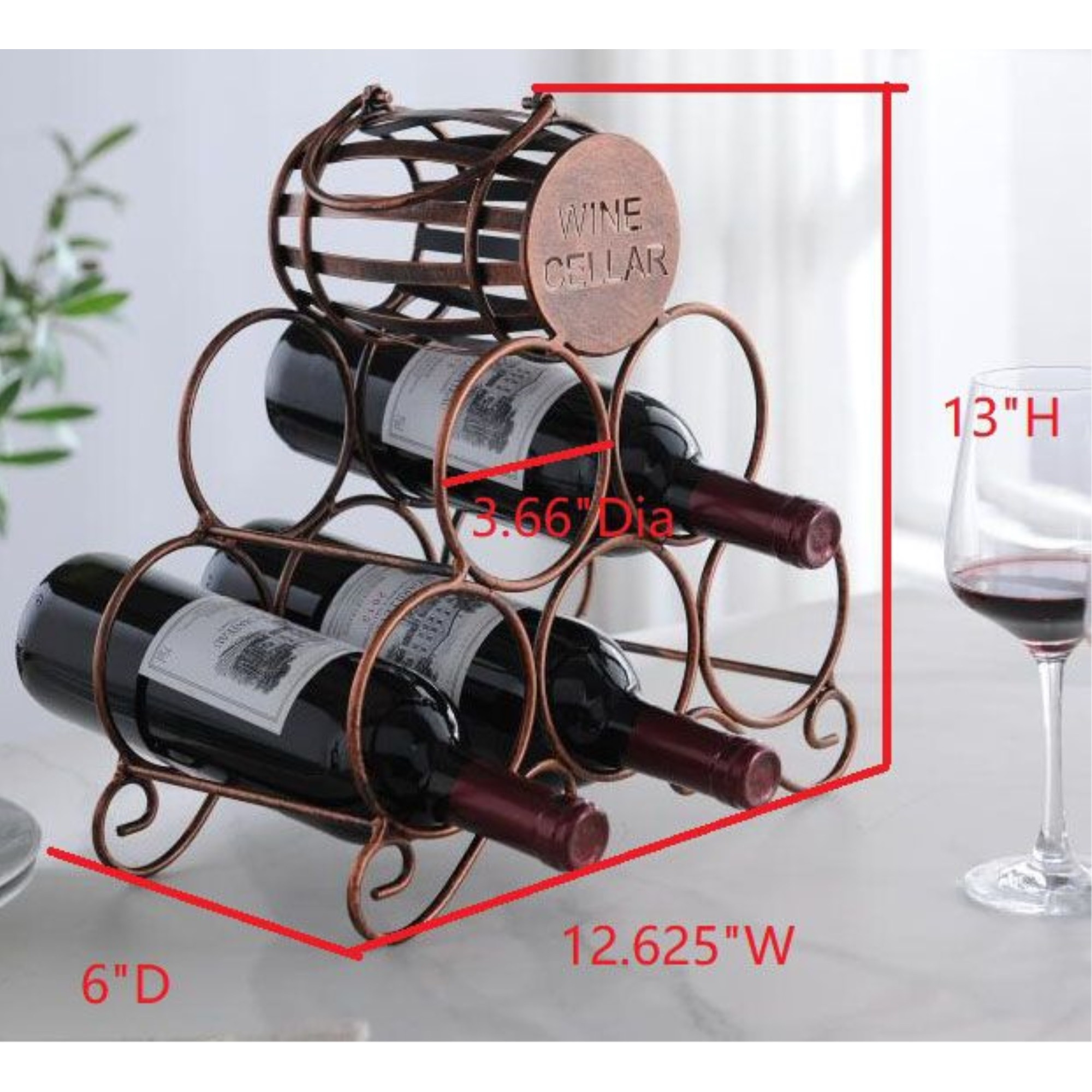 Arlington Countertop Wine Rack, Brushed Copper Metal, 5 Bottle Holders, Transitional