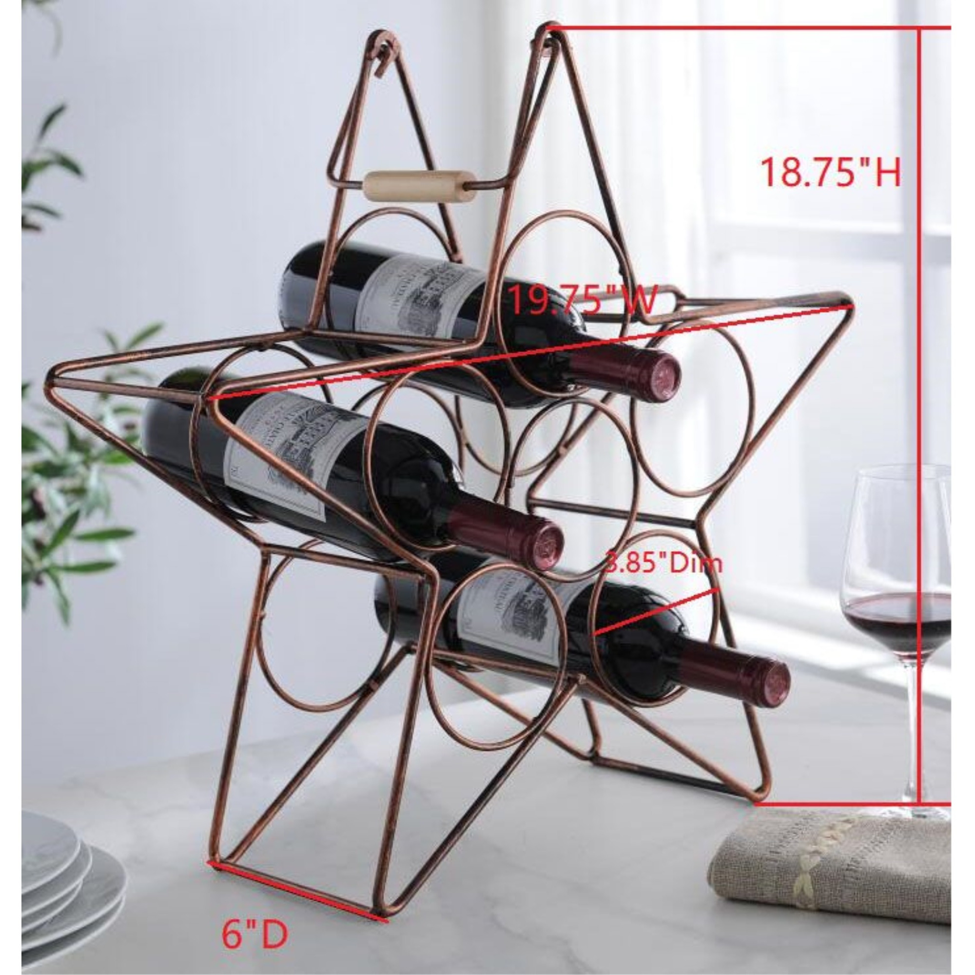 Naperville Countertop Wine Rack, Brushed Copper Metal, 6 Bottle Holders, Transitional
