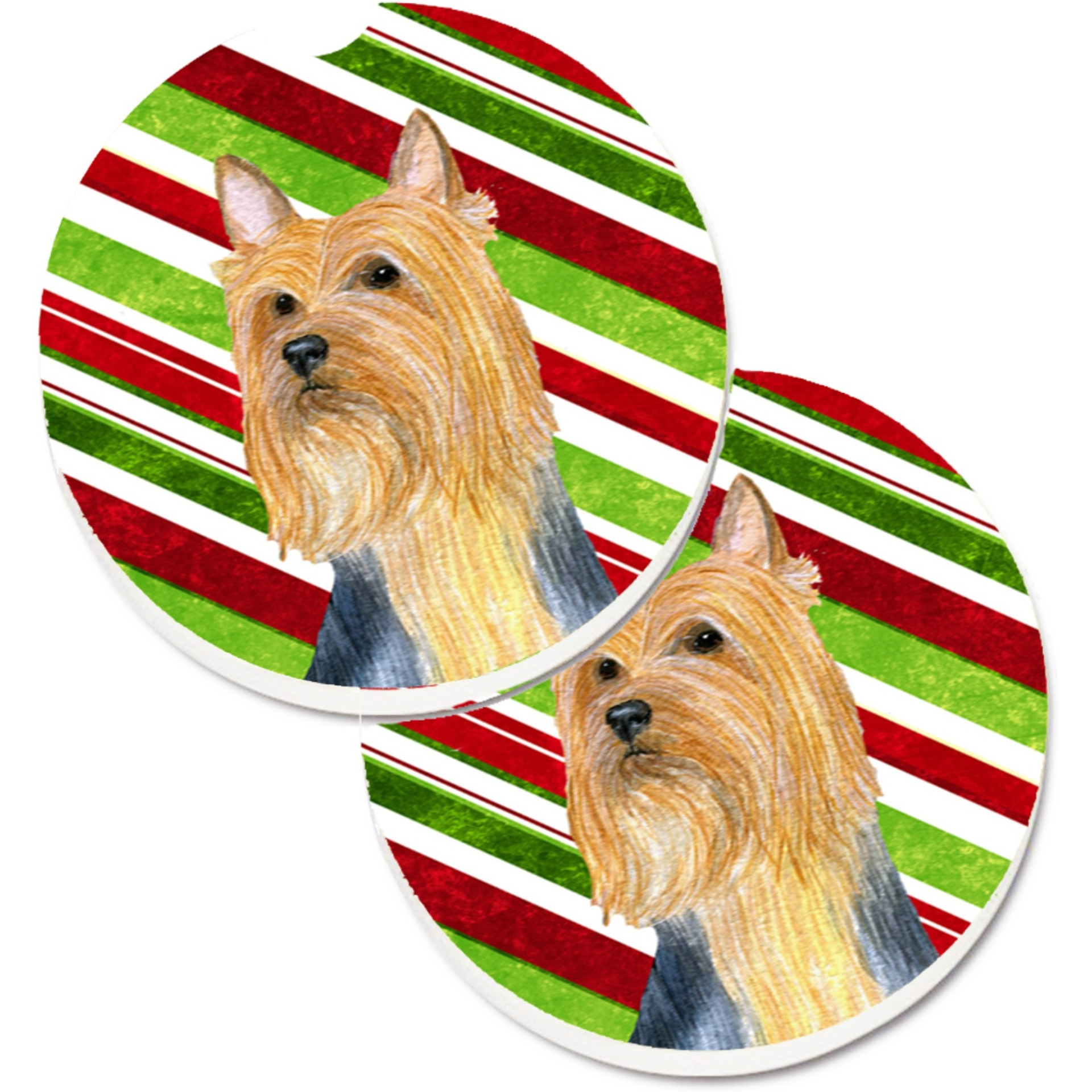 &quotCaroline's Treasures Silky Terrier Candy Cane Holiday Christmas Set of 2 Cup Holder Car Coasters LH9226CARC, 2.56, Multicolor"