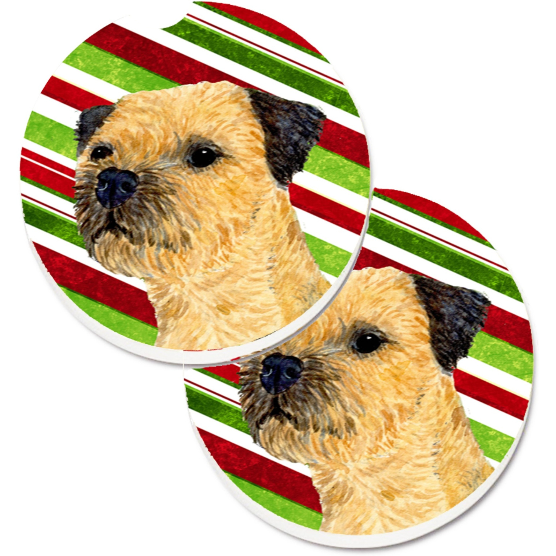 &quotCaroline's Treasures Border Terrier Candy Cane Holiday Christmas Set of 2 Cup Holder Car Coasters LH9233CARC, 2.56, Multicolor"