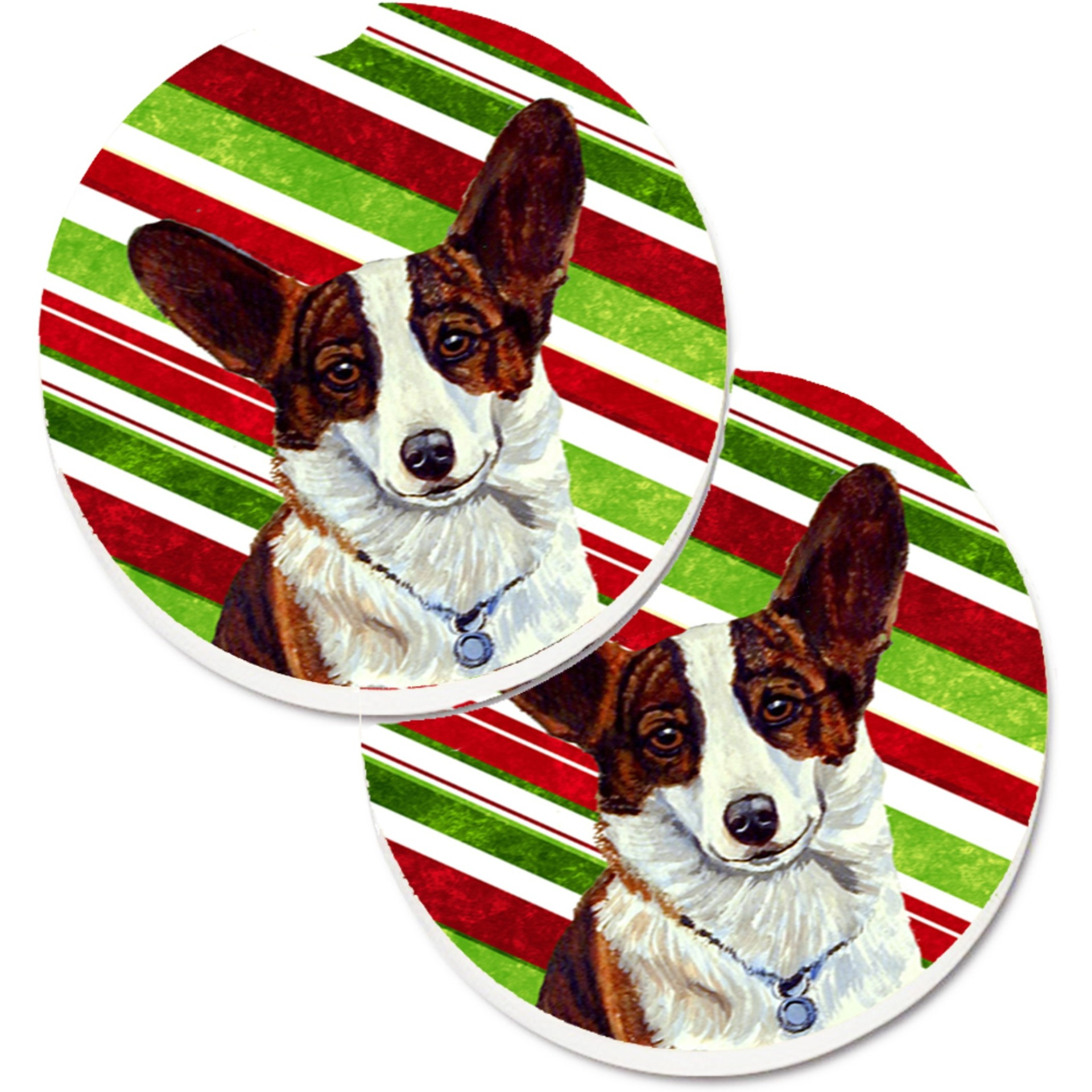 &quotCaroline's Treasures Corgi Candy Cane Holiday Christmas Set of 2 Cup Holder Car Coasters LH9243CARC, 2.56, Multicolor"