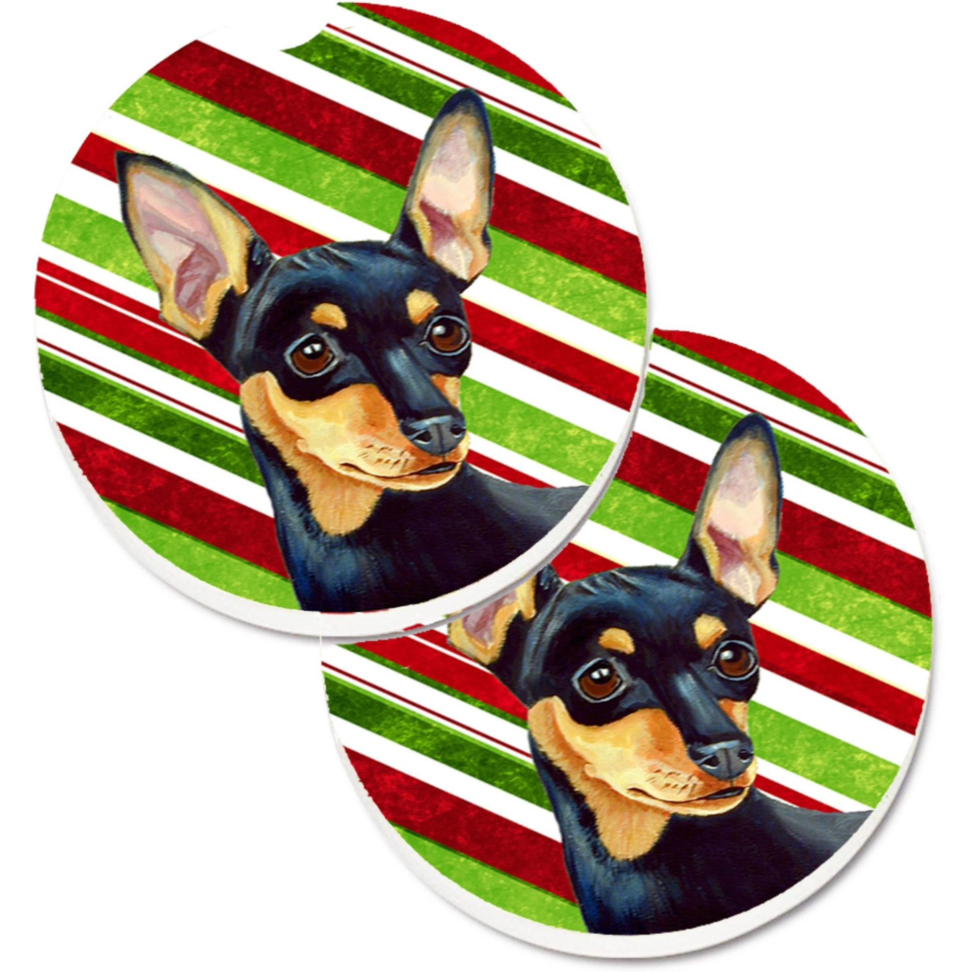 &quotCaroline's Treasures Min Pin Candy Cane Holiday Christmas Set of 2 Cup Holder Car Coasters LH9245CARC, 2.56, Multicolor"
