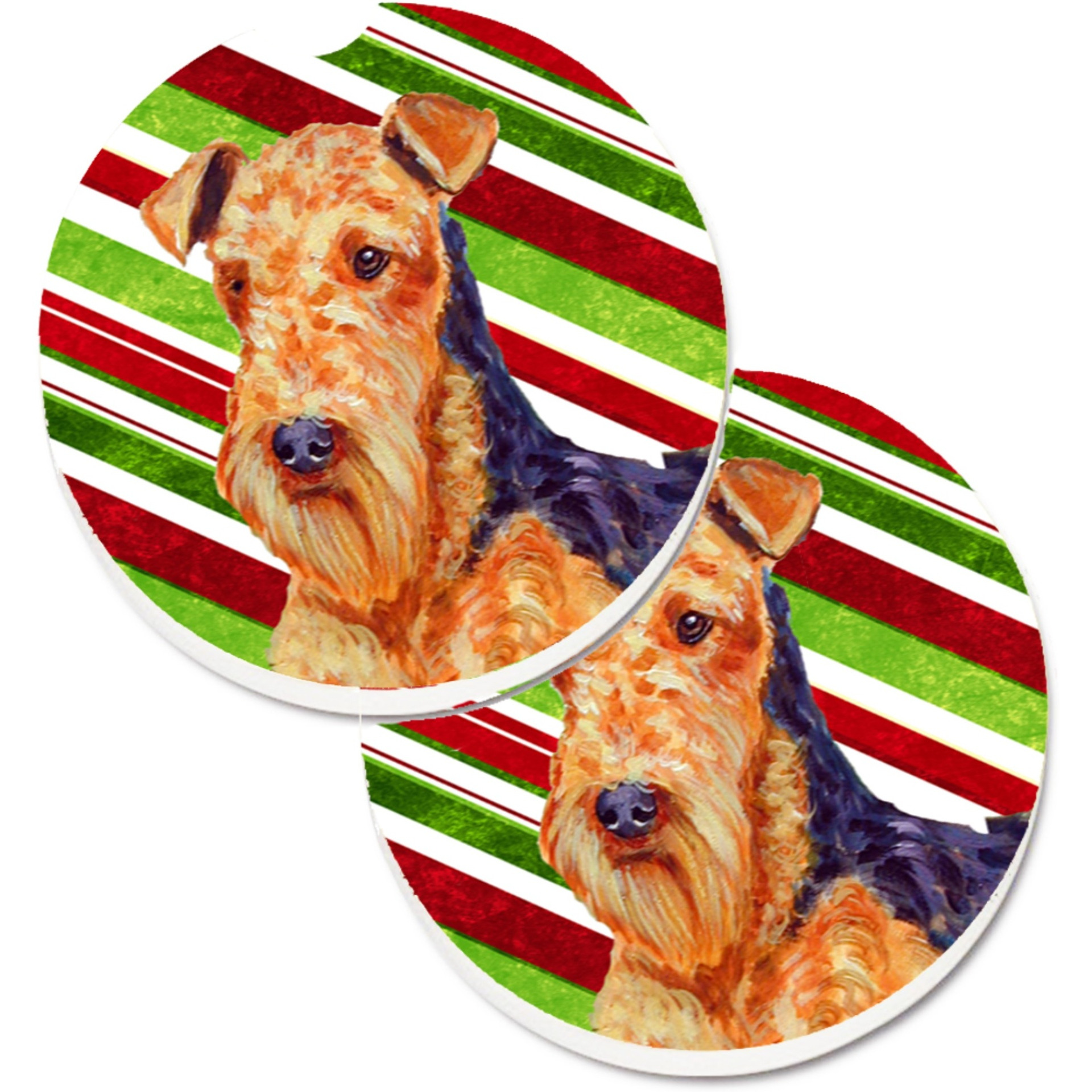 &quotCaroline's Treasures Airedale Candy Cane Holiday Christmas Set of 2 Cup Holder Car Coasters LH9246CARC, 2.56, Multicolor"