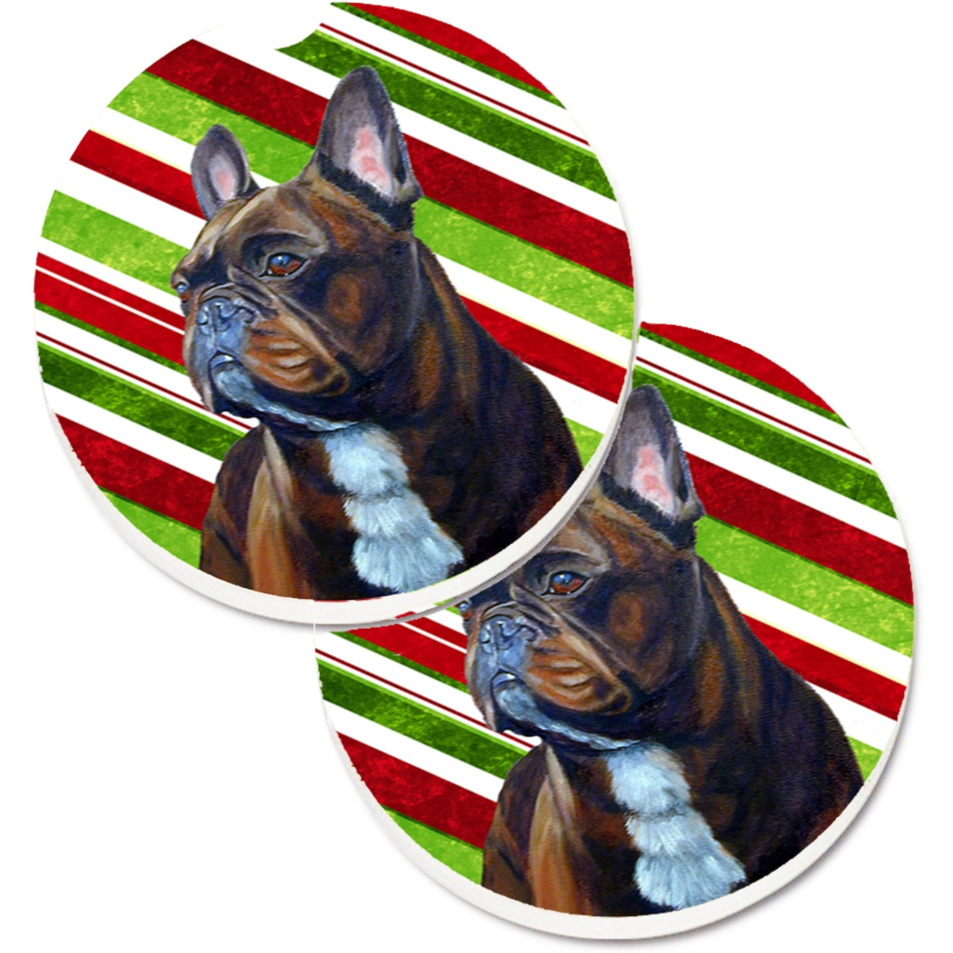 &quotCaroline's Treasures French Bulldog Candy Cane Holiday Christmas Set of 2 Cup Holder Car Coasters LH9250CARC, 2.56, Multicolor"