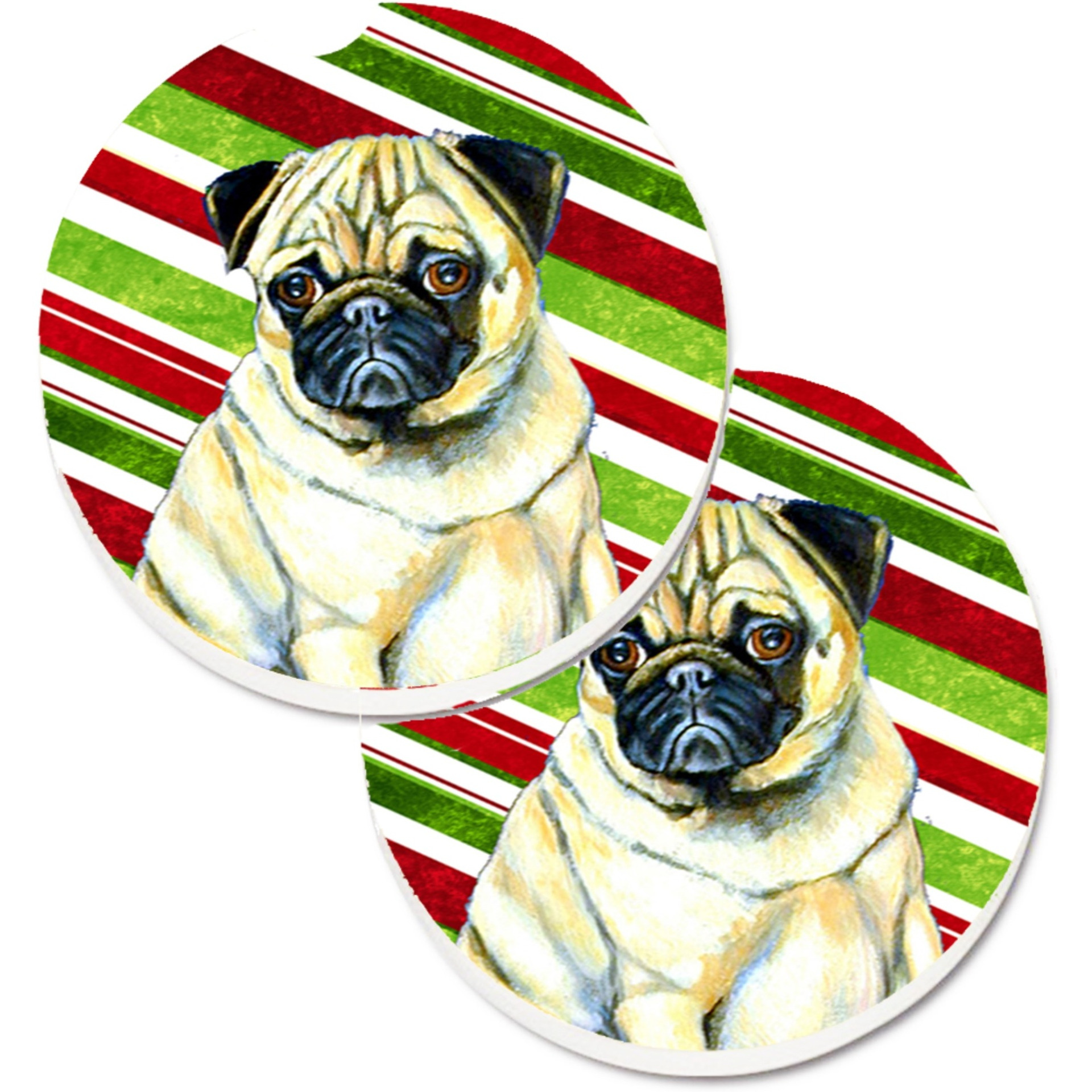 &quotCaroline's Treasures Pug Candy Cane Holiday Christmas Set of 2 Cup Holder Car Coasters LH9252CARC, 2.56, Multicolor"