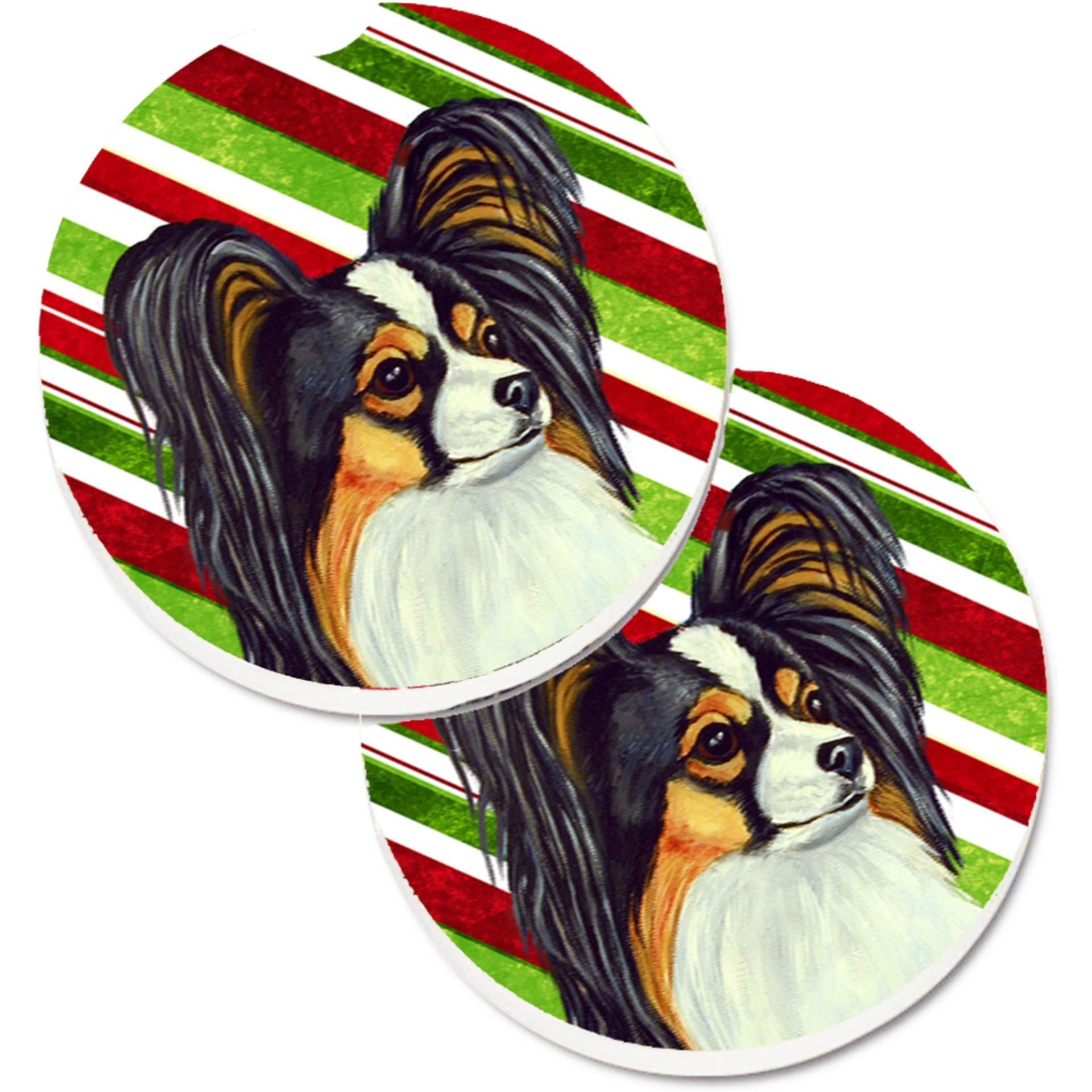 &quotCaroline's Treasures Papillon Candy Cane Holiday Christmas Set of 2 Cup Holder Car Coasters LH9255CARC, 2.56, Multicolor"