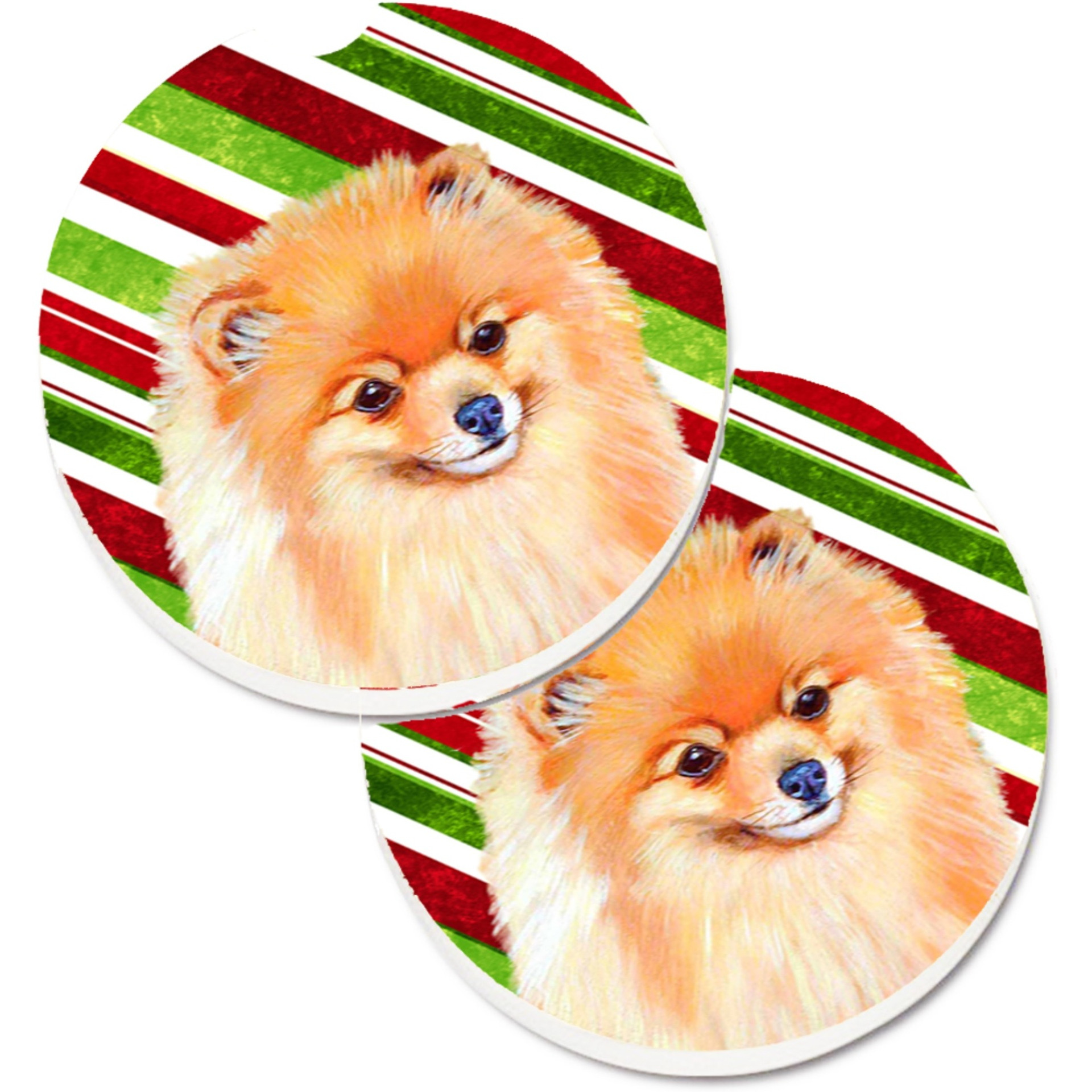 &quotCaroline's Treasures Pomeranian Candy Cane Holiday Christmas Set of 2 Cup Holder Car Coasters LH9260CARC, 2.56, Multicolor"
