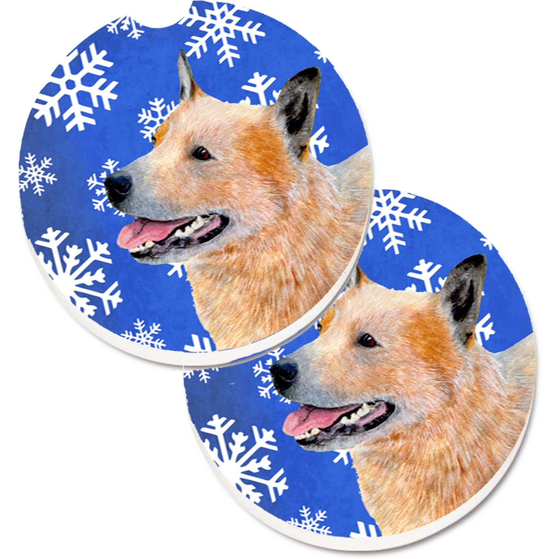 &quotCaroline's Treasures Australian Cattle Dog Winter Snowflakes Holiday Set of 2 Cup Holder Car Coasters LH9272CARC, 2.56, Multicolor"