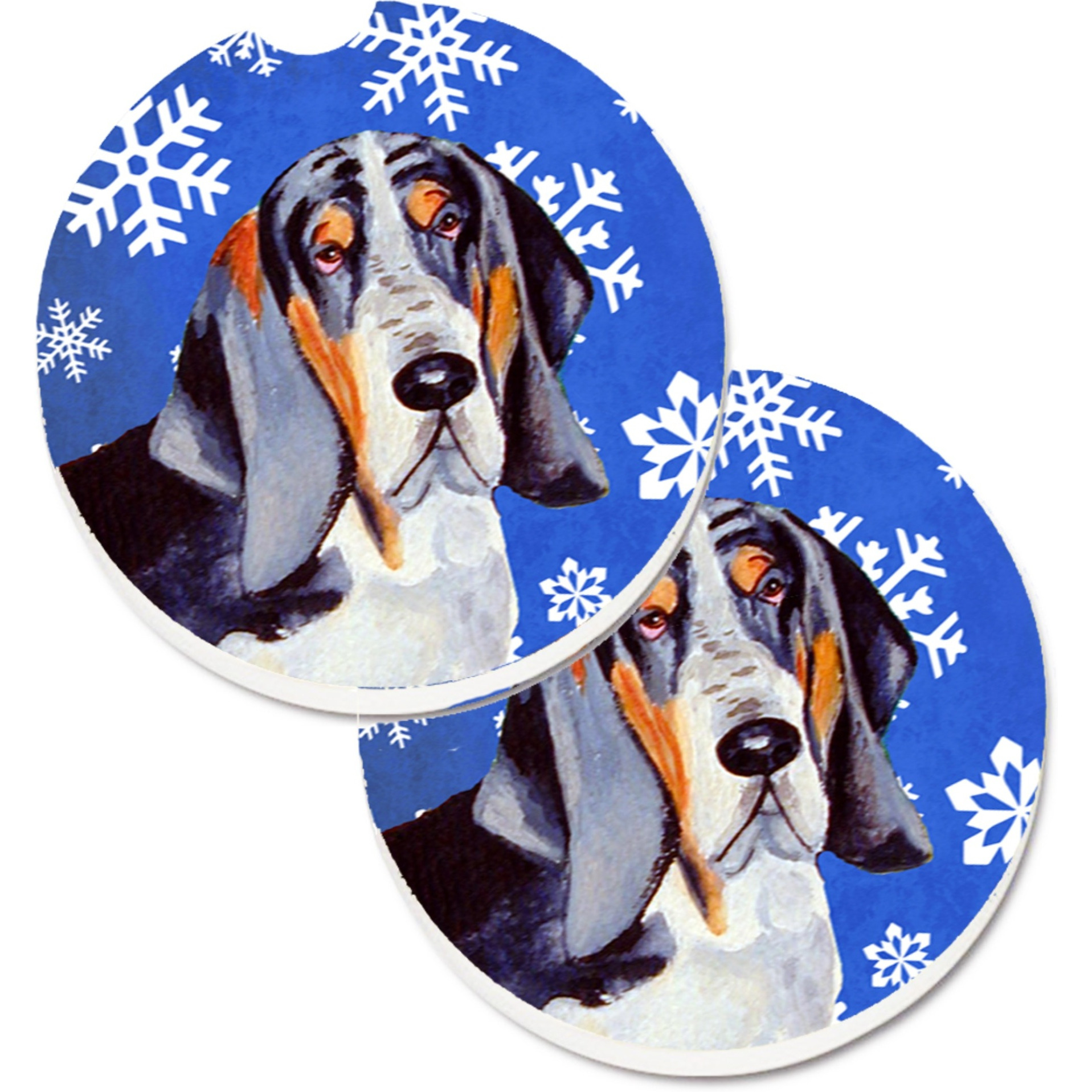 &quotCaroline's Treasures Basset Hound Winter Snowflakes Holiday Set of 2 Cup Holder Car Coasters LH9282CARC, 2.56, Multicolor"
