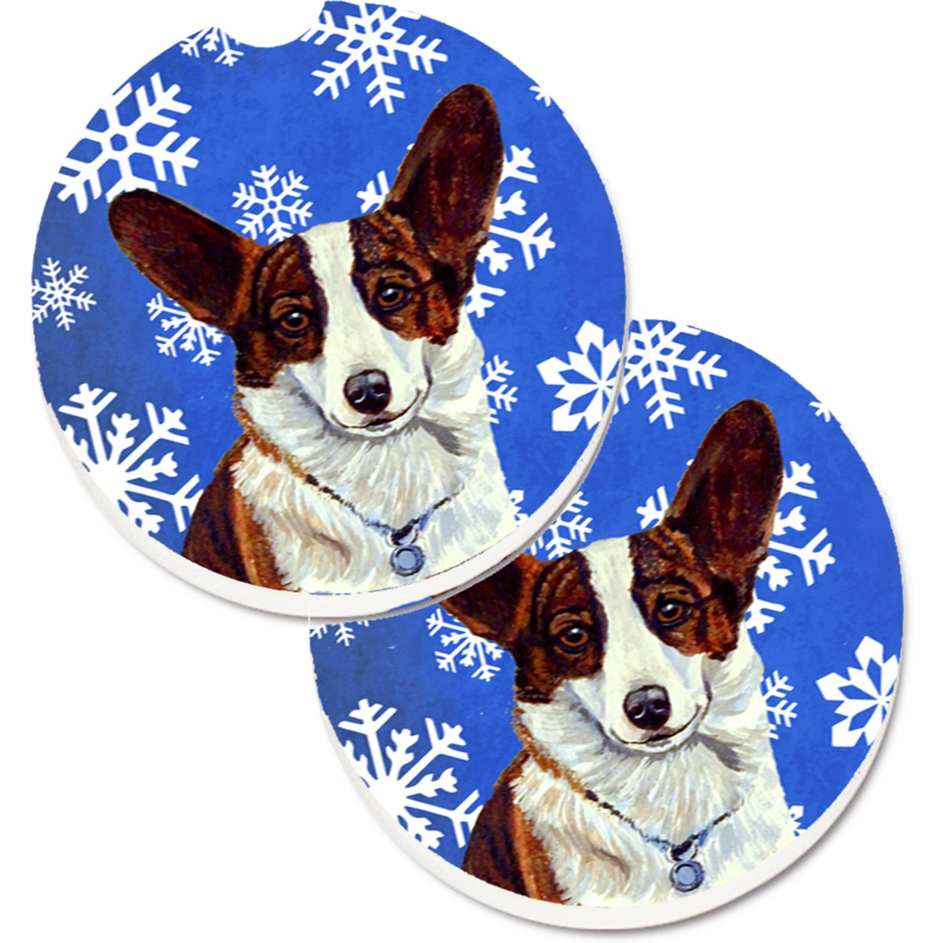 &quotCaroline's Treasures Corgi Winter Snowflakes Holiday Set of 2 Cup Holder Car Coasters LH9288CARC, 2.56, Multicolor"