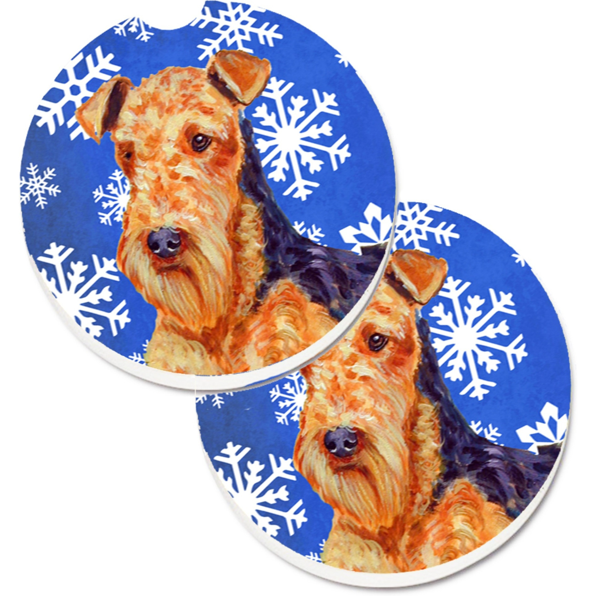 &quotCaroline's Treasures Airedale Winter Snowflakes Holiday Set of 2 Cup Holder Car Coasters LH9291CARC, 2.56, Multicolor"