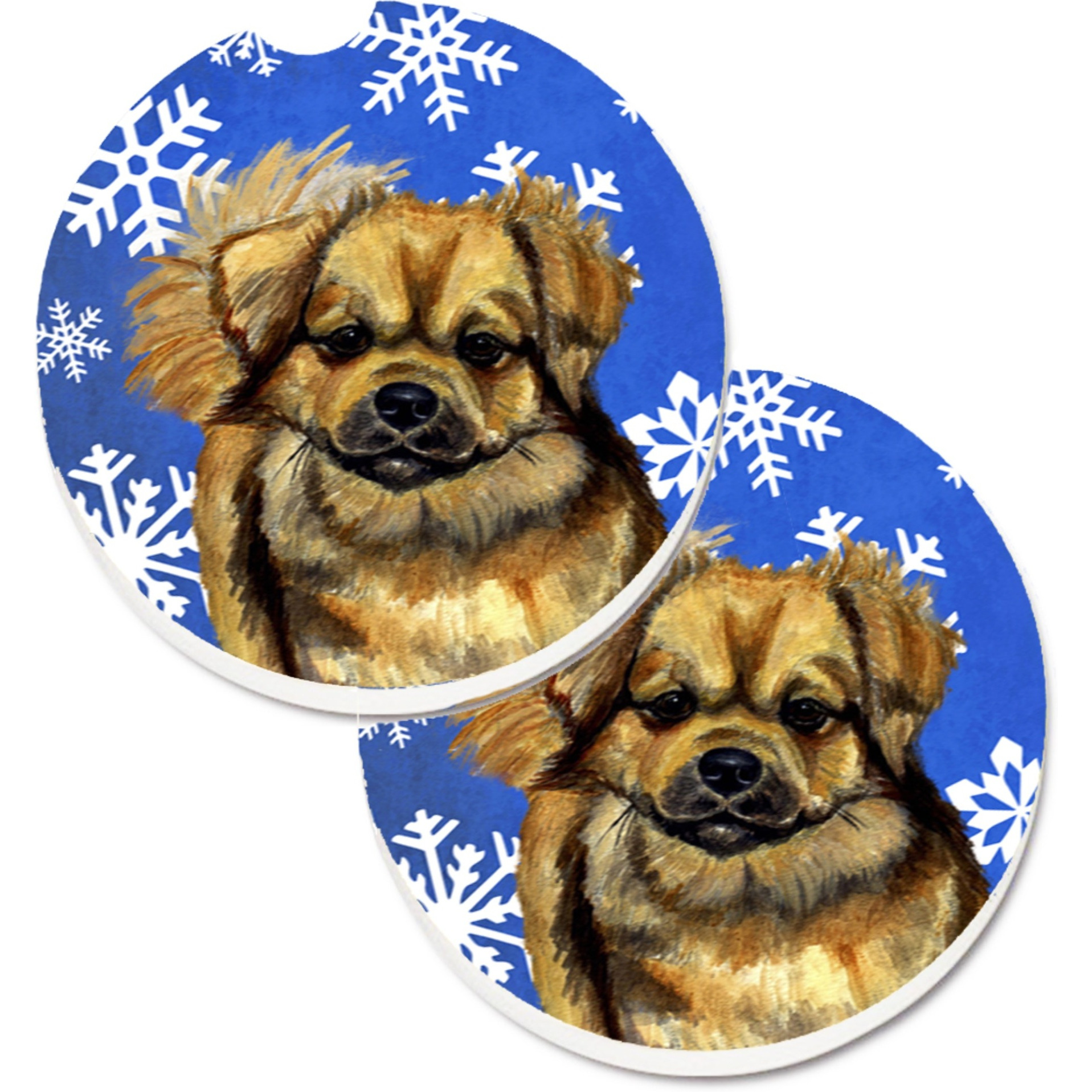 &quotCaroline's Treasures Tibetan Spaniel Winter Snowflakes Holiday Set of 2 Cup Holder Car Coasters LH9304CARC, 2.56, Multicolor"