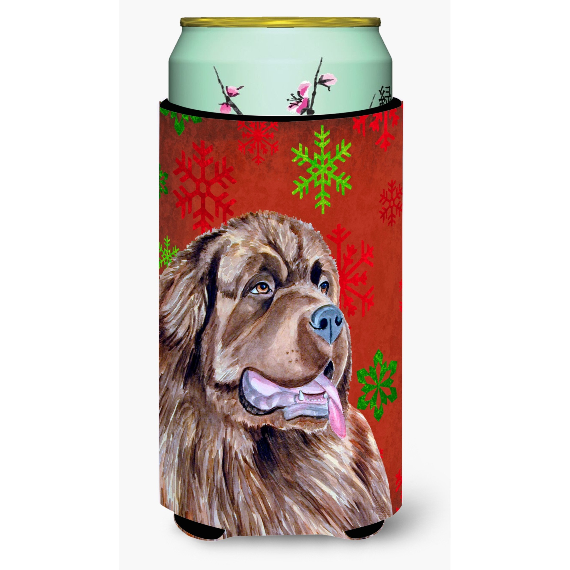 Newfoundland Red and Green Snowflakes Holiday Christmas  Tall Boy Beverage Insulator Beverage Insulator Hugger