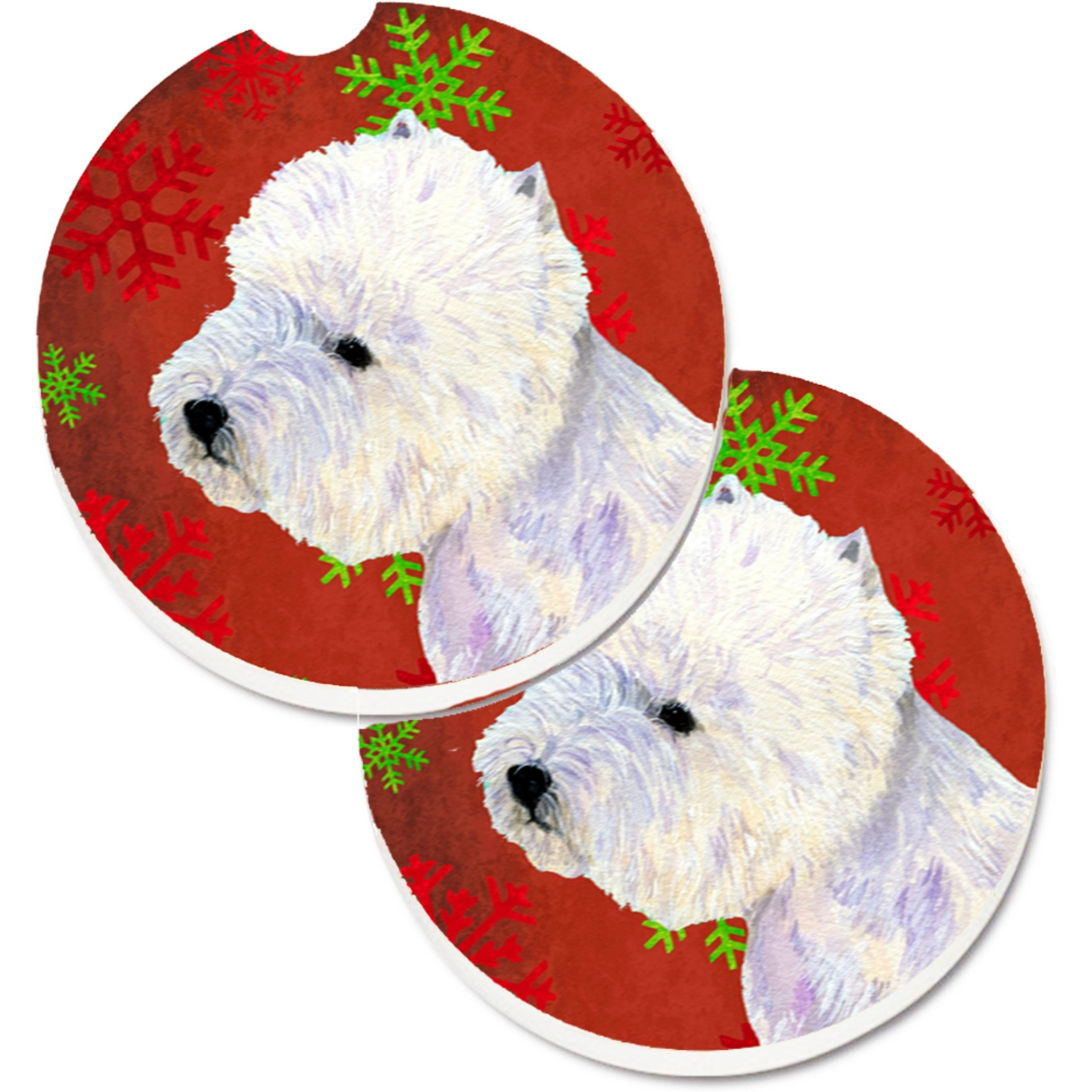 &quotCaroline's Treasures Westie Red & green Snowflakes Holiday Christmas Set of 2 Cup Holder Car Coasters LH9315CARC, 2.56, Multicolor"