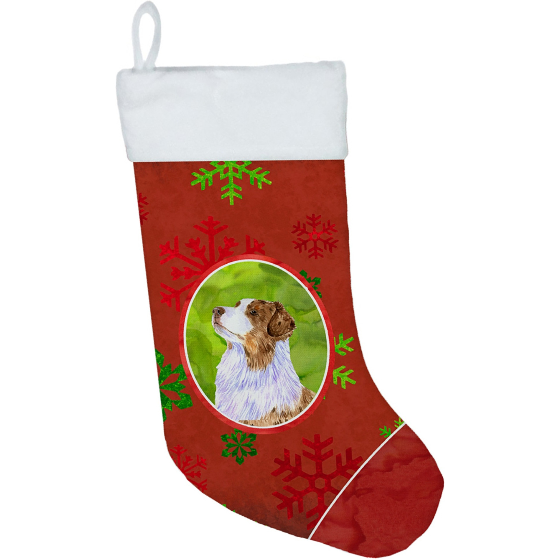 &quotCaroline's Treasures Australian Shepherd Red Green Snowflakes Holiday Christmas Stocking, 11 x 18"", Multicolor"