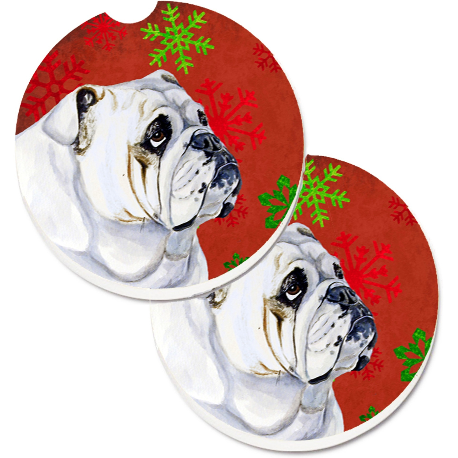 &quotCaroline's Treasures Bulldog English Red & green Snowflakes Holiday Christmas Set of 2 Cup Holder Car Coasters LH9319CARC, 2.56, Multicolor"