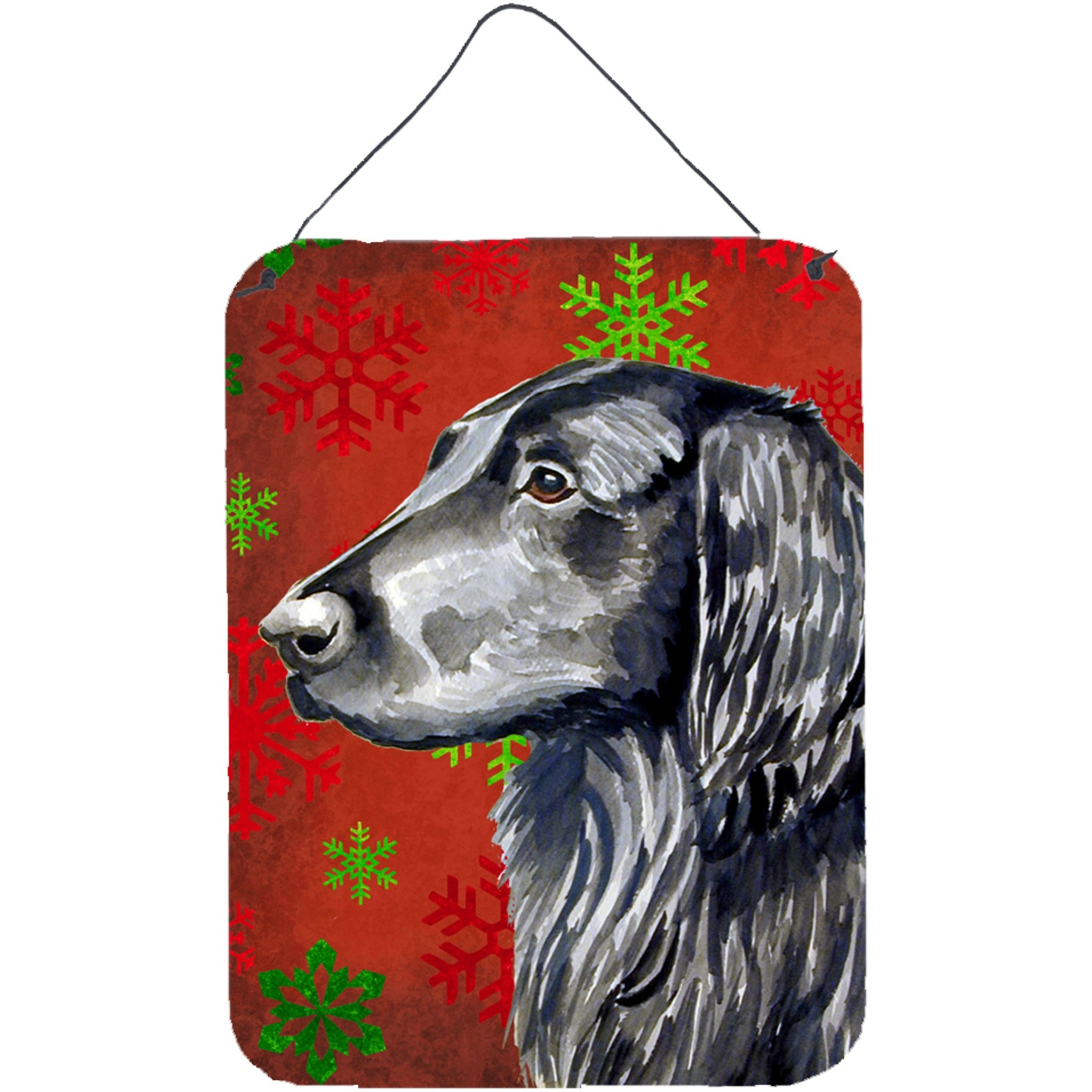 &quotCaroline's Treasures Flat Coated Retriever Red Snowflakes Christmas Wall or Door Hanging Prints, 16"" x 12"", Multicolor"