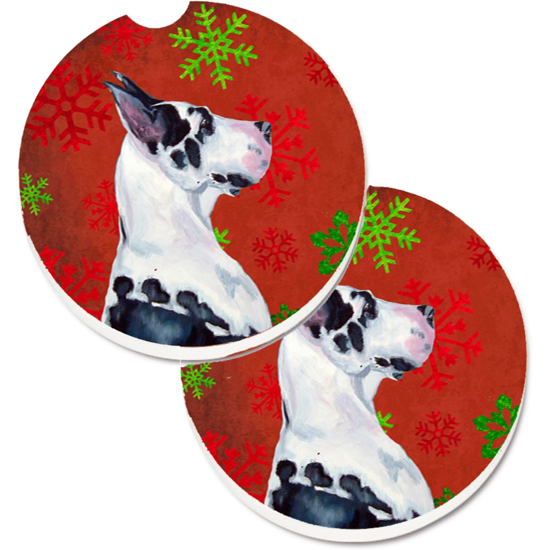 &quotCaroline's Treasures Great Dane Red & green Snowflakes Holiday Christmas Set of 2 Cup Holder Car Coasters LH9326CARC, 2.56, Multicolor"