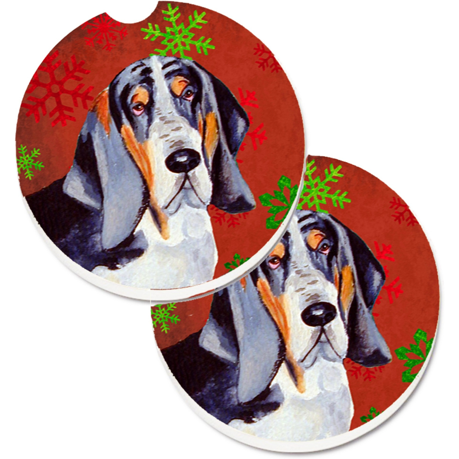 &quotCaroline's Treasures Basset Hound Red & green Snowflakes Holiday Christmas Set of 2 Cup Holder Car Coasters LH9327CARC, 2.56, Multicolor"