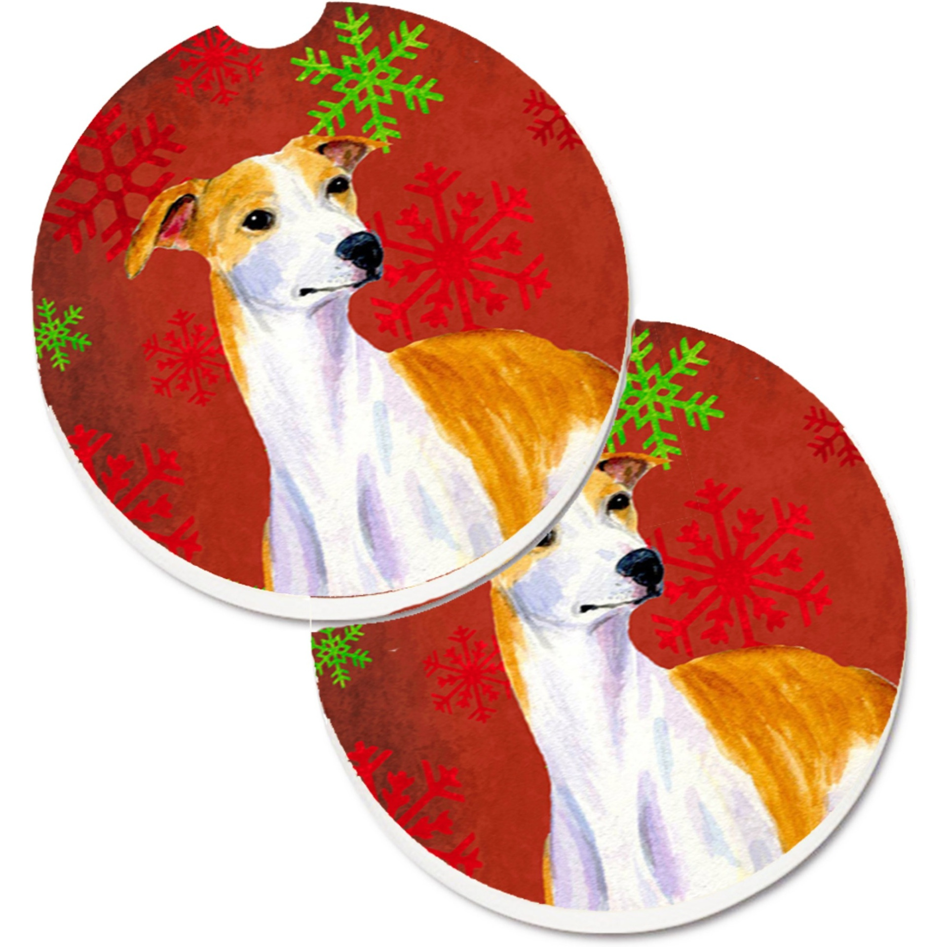&quotCaroline's Treasures Whippet Red & green Snowflakes Holiday Christmas Set of 2 Cup Holder Car Coasters LH9328CARC, 2.56, Multicolor"