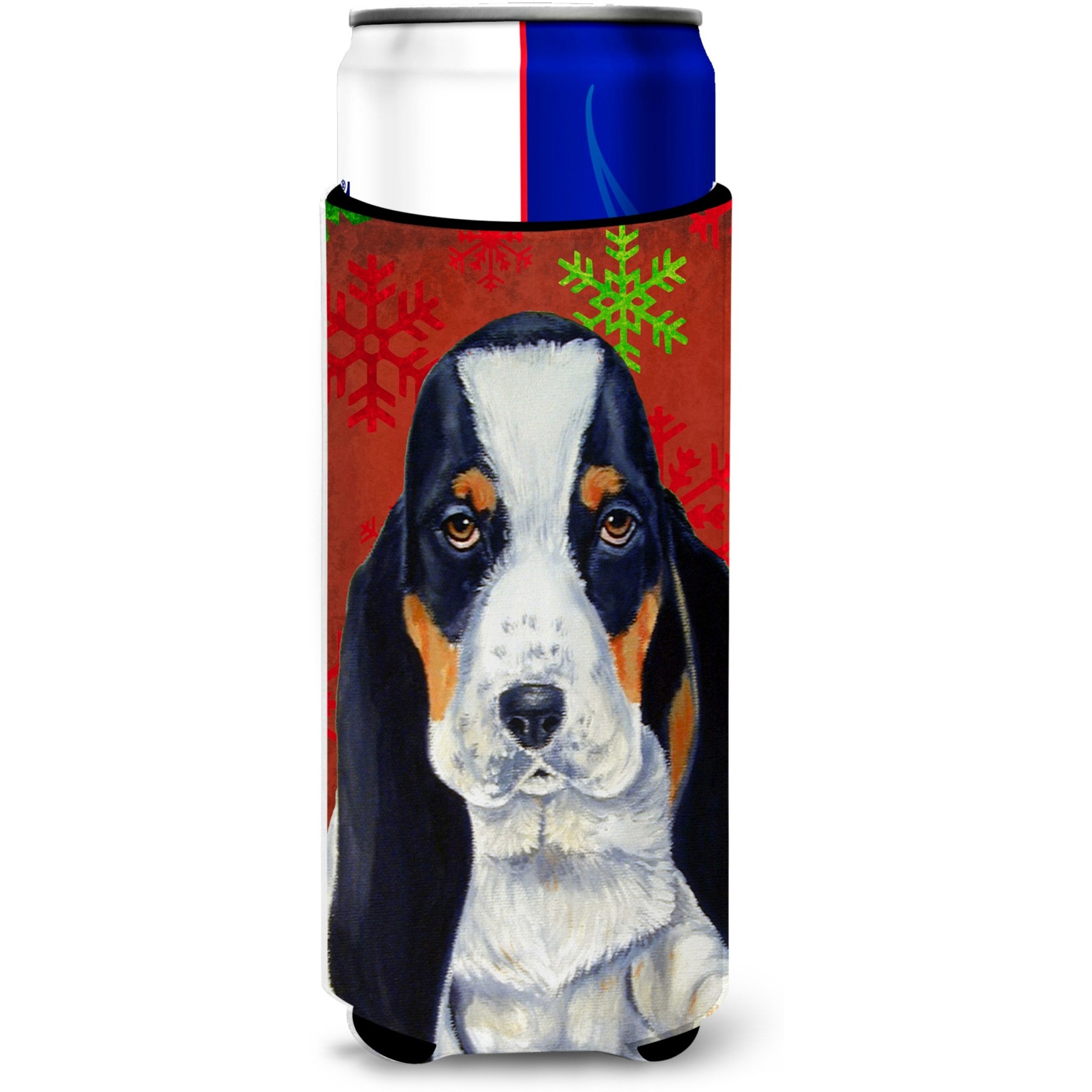 Basset Hound Red and Green Snowflakes Holiday Christmas Ultra Beverage Insulators for slim cans LH9329MUK