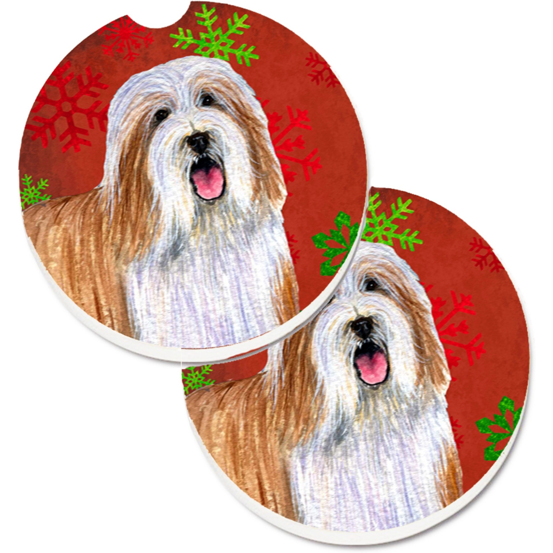 &quotCaroline's Treasures Bearded Collie Red & green Snowflakes Holiday Christmas Set of 2 Cup Holder Car Coasters LH9330CARC, 2.56, Multicolor"