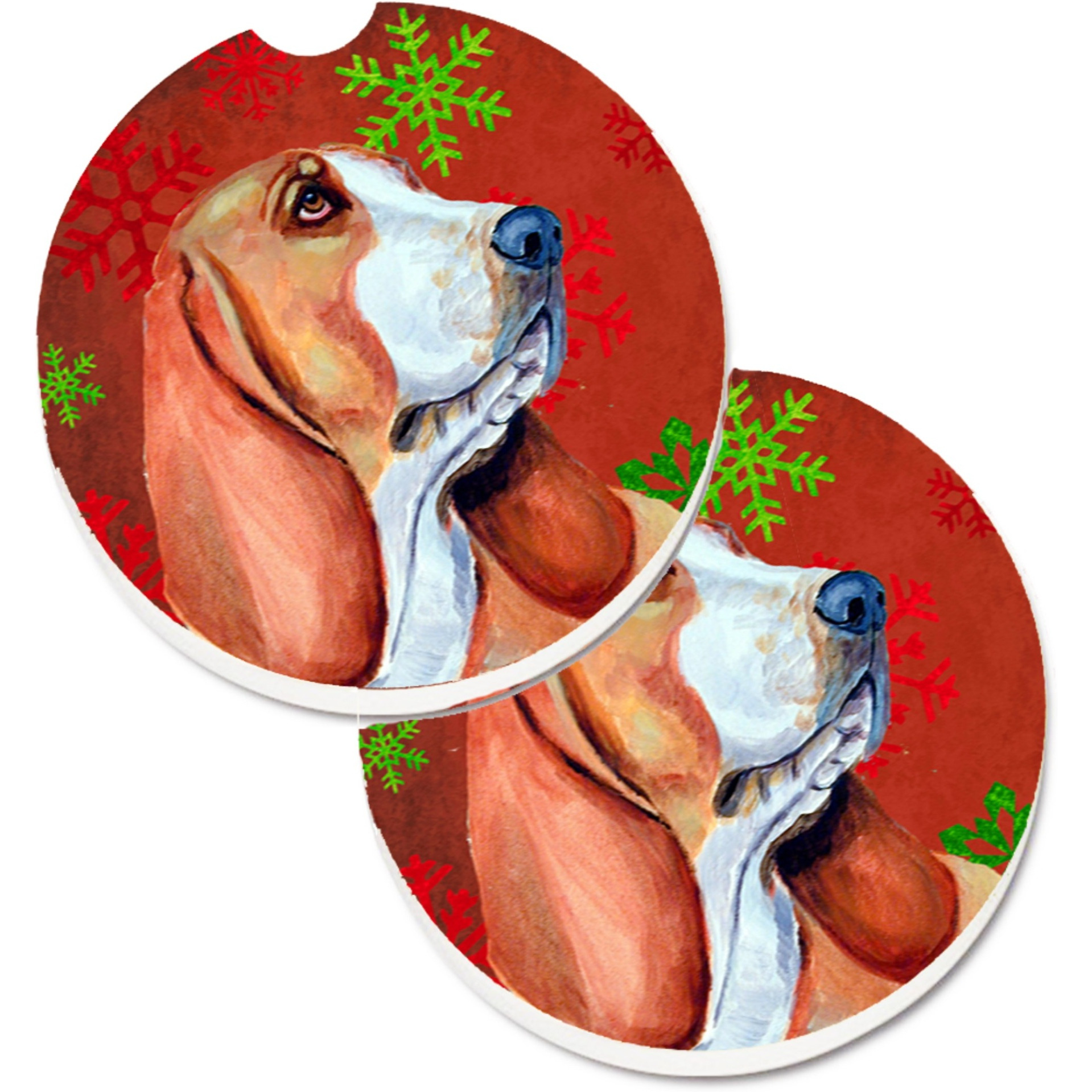 &quotCaroline's Treasures Basset Hound Red & green Snowflakes Holiday Christmas Set of 2 Cup Holder Car Coasters LH9332CARC, 2.56, Multicolor"