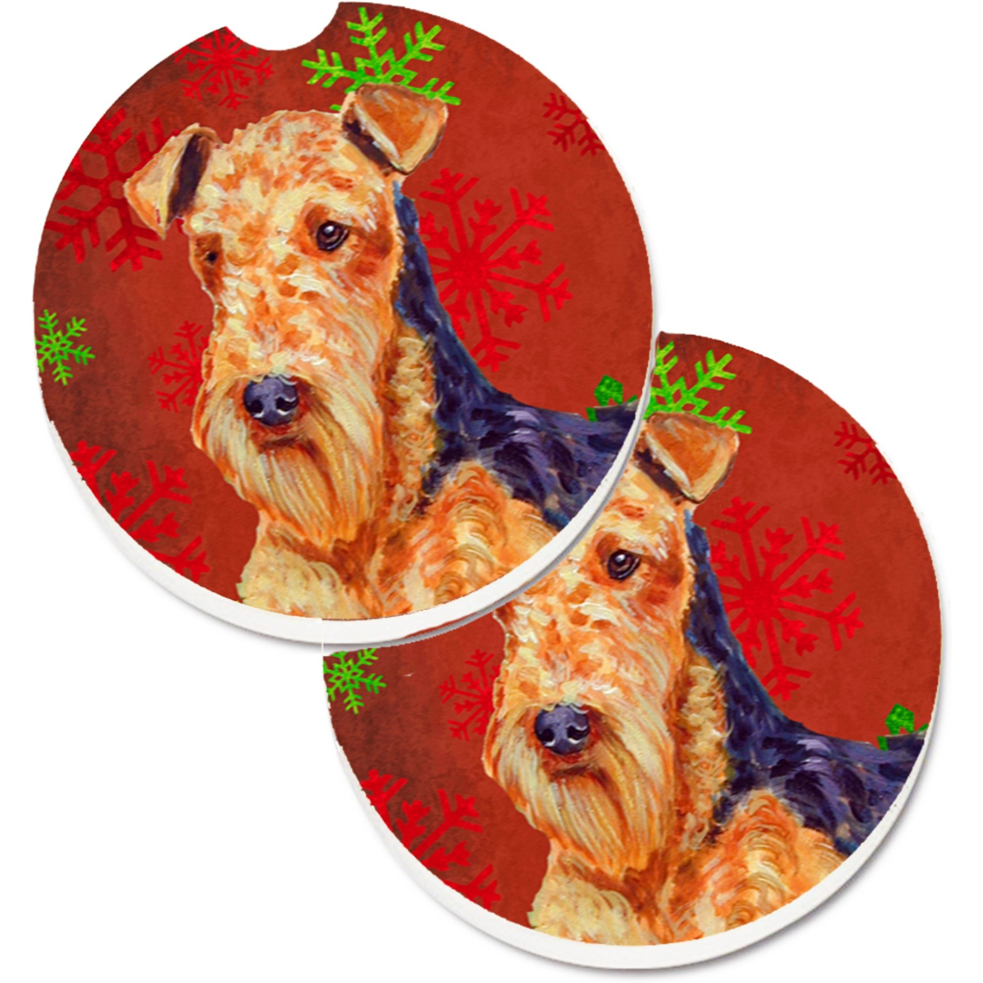 &quotCaroline's Treasures Airedale Red & green Snowflakes Holiday Christmas Set of 2 Cup Holder Car Coasters LH9336CARC, 2.56, Multicolor"