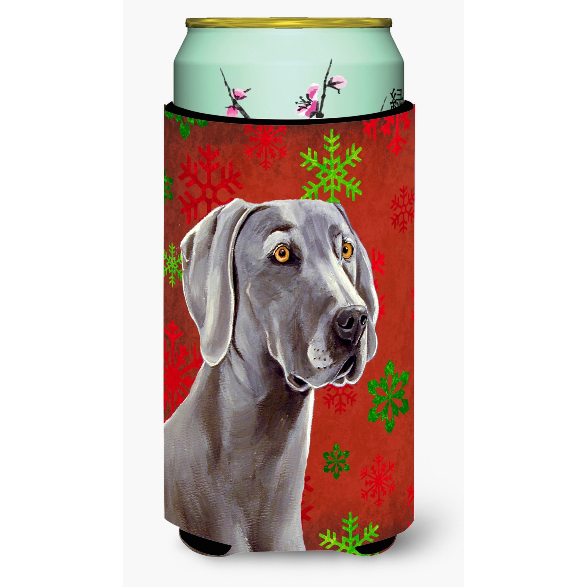 Weimaraner Red and Green Snowflakes Holiday Christmas  Tall Boy Beverage Insulator Beverage Insulator Hugger