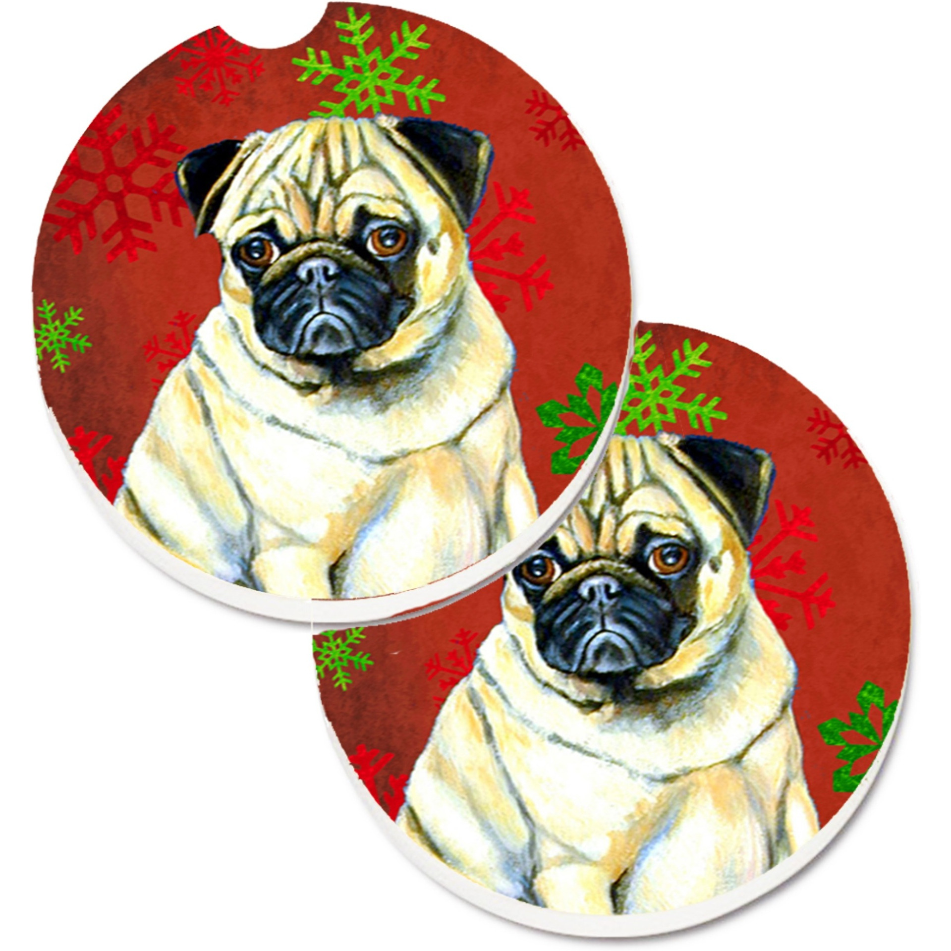 &quotCaroline's Treasures Pug Red & green Snowflakes Holiday Christmas Set of 2 Cup Holder Car Coasters LH9342CARC, 2.56, Multicolor"