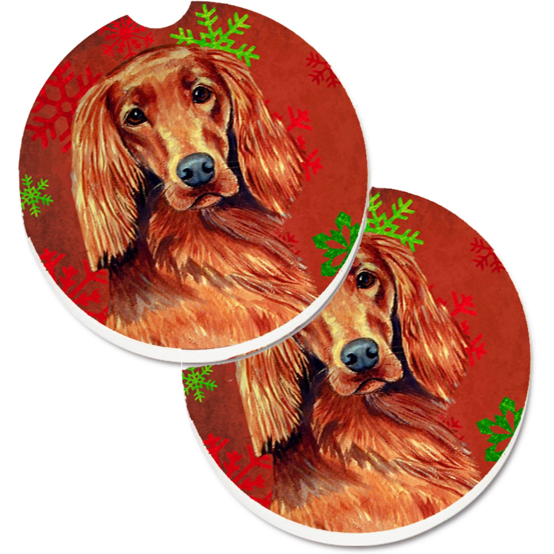 &quotCaroline's Treasures Irish Setter Red & green Snowflakes Holiday Christmas Set of 2 Cup Holder Car Coasters LH9344CARC, 2.56, Multicolor"