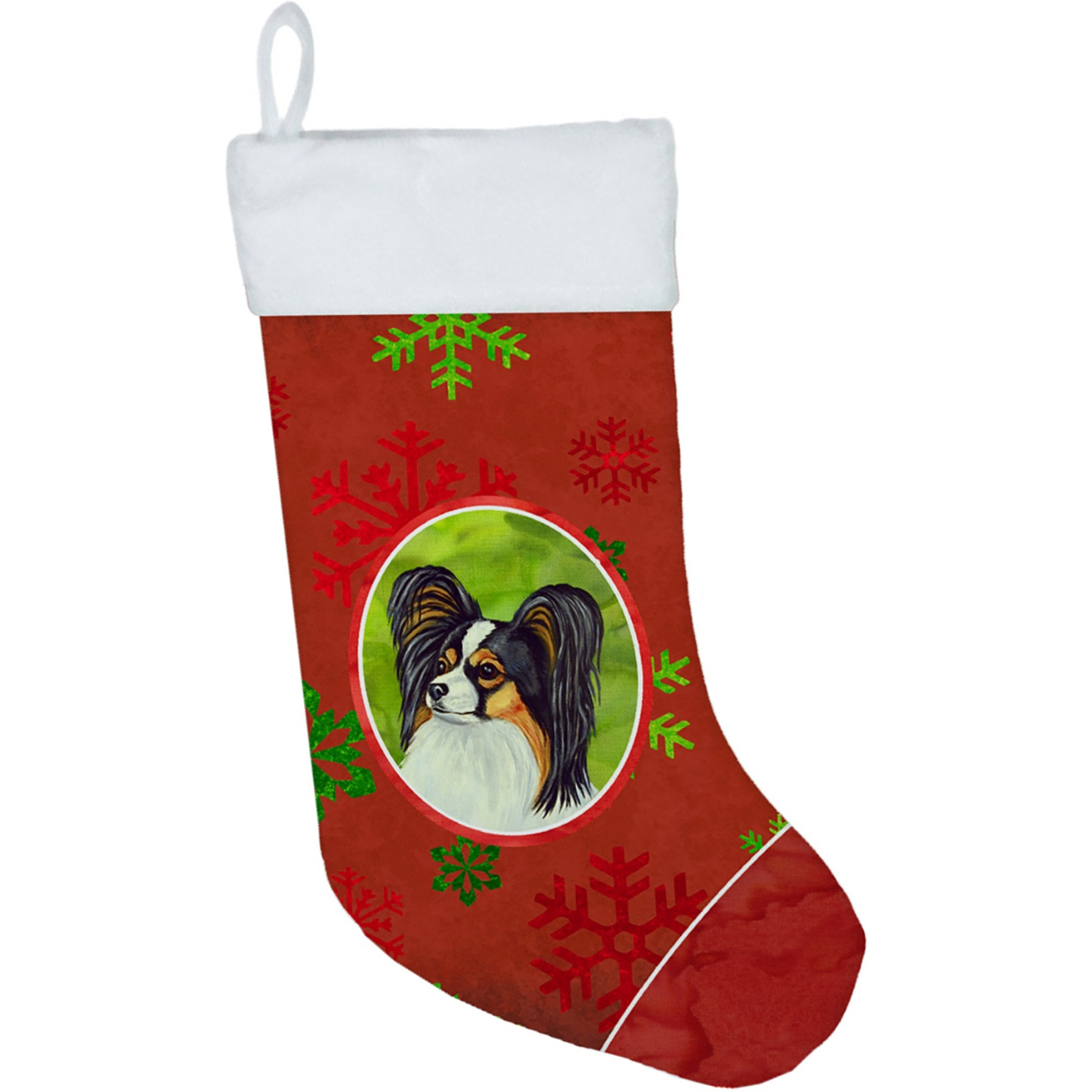 &quotCaroline's Treasures Papillon Red and Green Snowflakes Holiday Christmas Stocking, 11 x 18"", Multicolor"