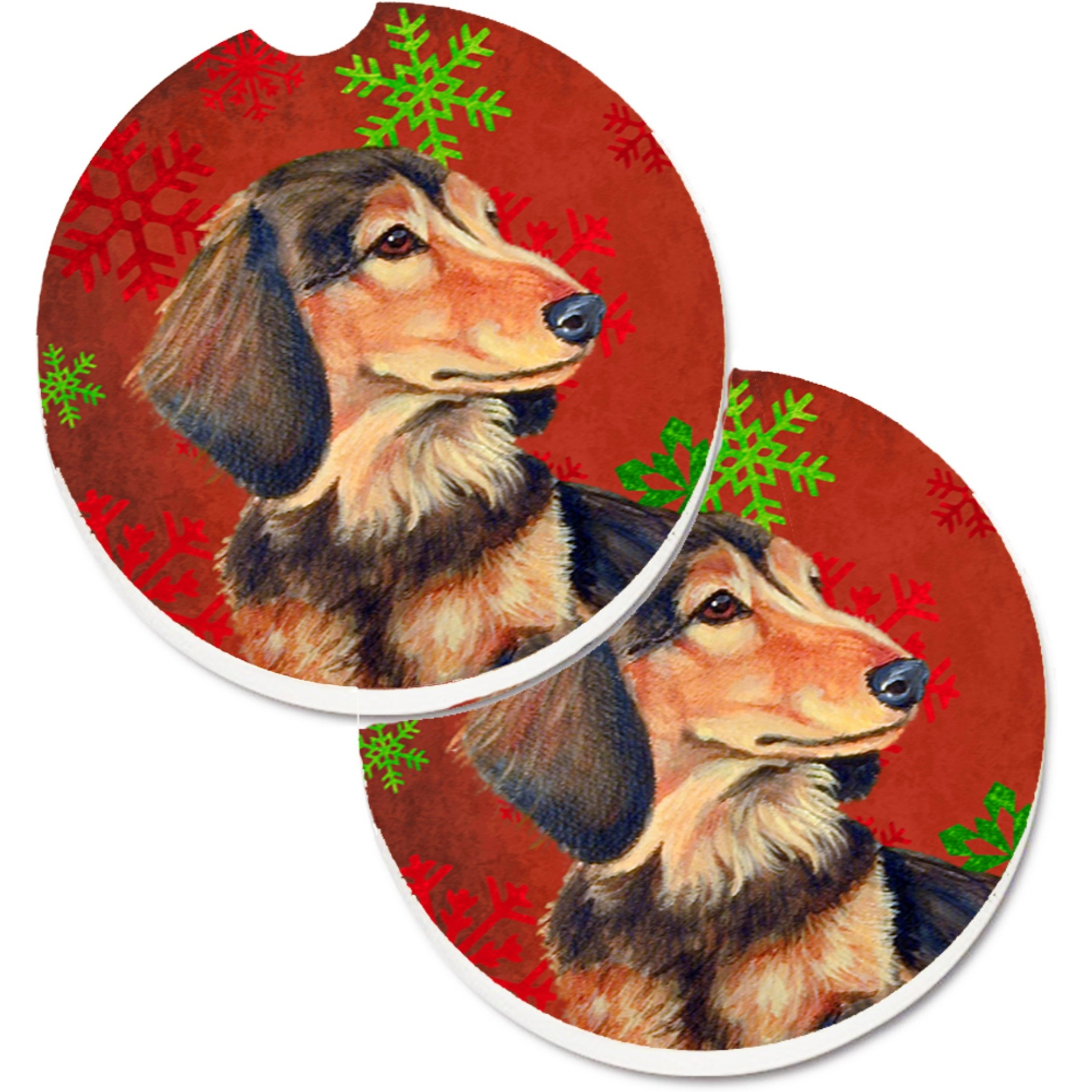 &quotCaroline's Treasures Dachshund Red & green Snowflakes Holiday Christmas Set of 2 Cup Holder Car Coasters LH9346CARC, 2.56, Multicolor"