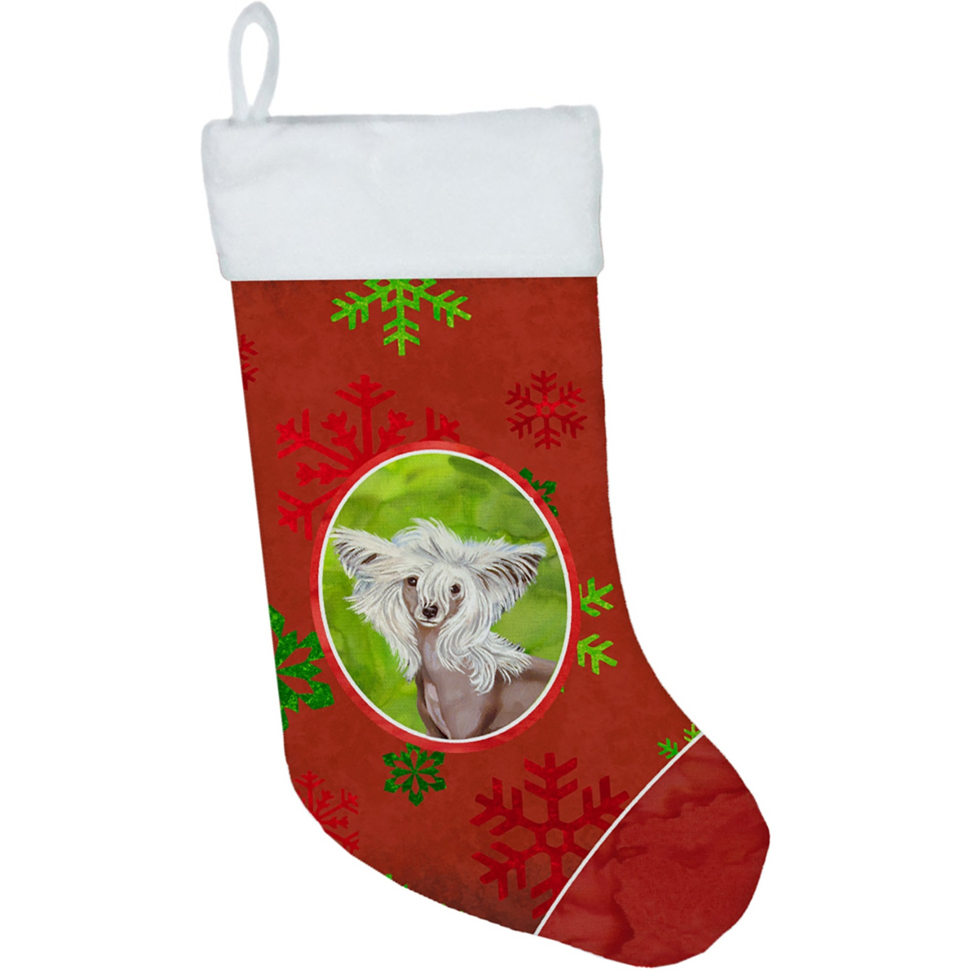 &quotCaroline's Treasures Chinese Crested Red and Green Snowflakes, 11 x 18, Multicolor Christmas, Holiday Stocking, Decoration"