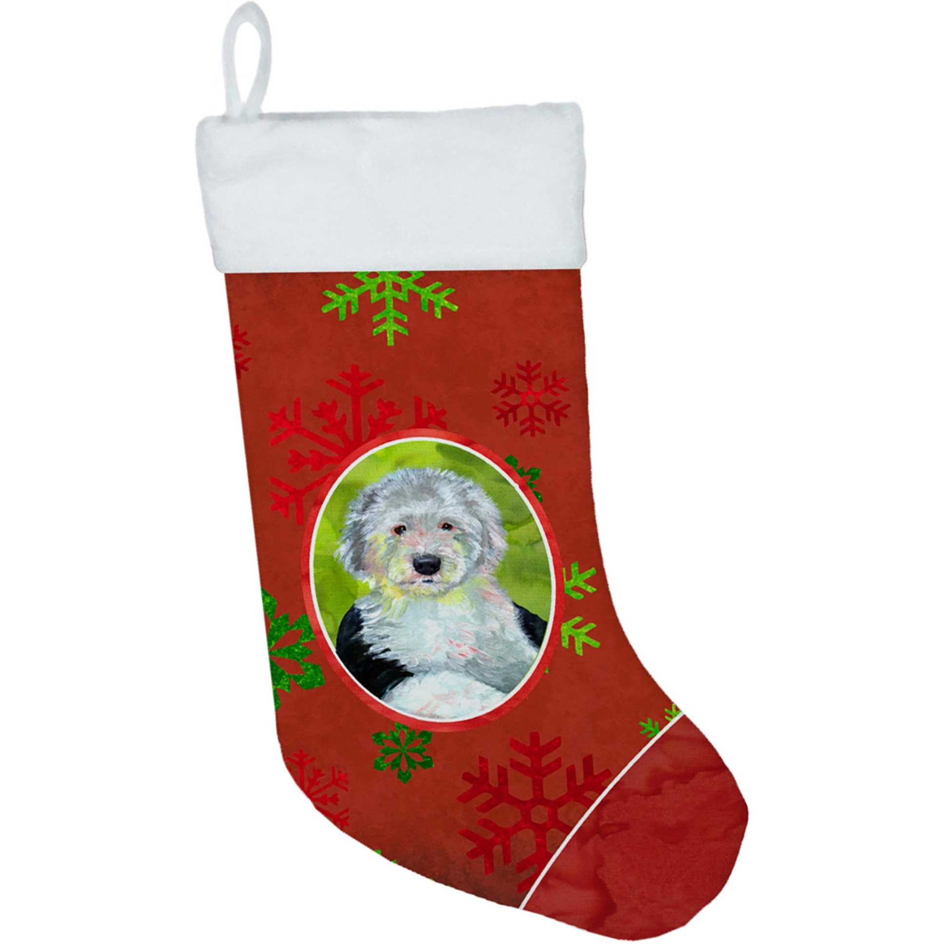 &quotCaroline's Treasures Old English Sheepdog Red Green Snowflakes Holiday Christmas Stocking, 11 x 18"", Multicolor"