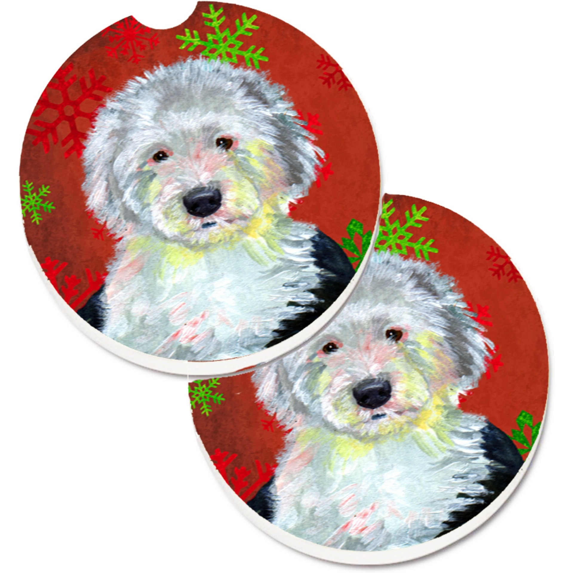 &quotCaroline's Treasures Old English Sheepdog Red green Snowflakes Holiday Christmas Set of 2 Cup Holder Car Coasters LH9351CARC, 2.56, Multicolor"