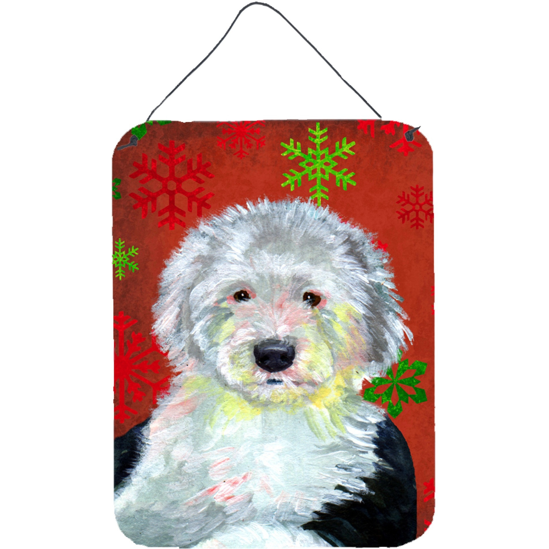 &quotCaroline's Treasures Old English Sheepdog Red Snowflakes Christmas Wall or Door Hanging Prints, 16"" x 12"", Multicolor"