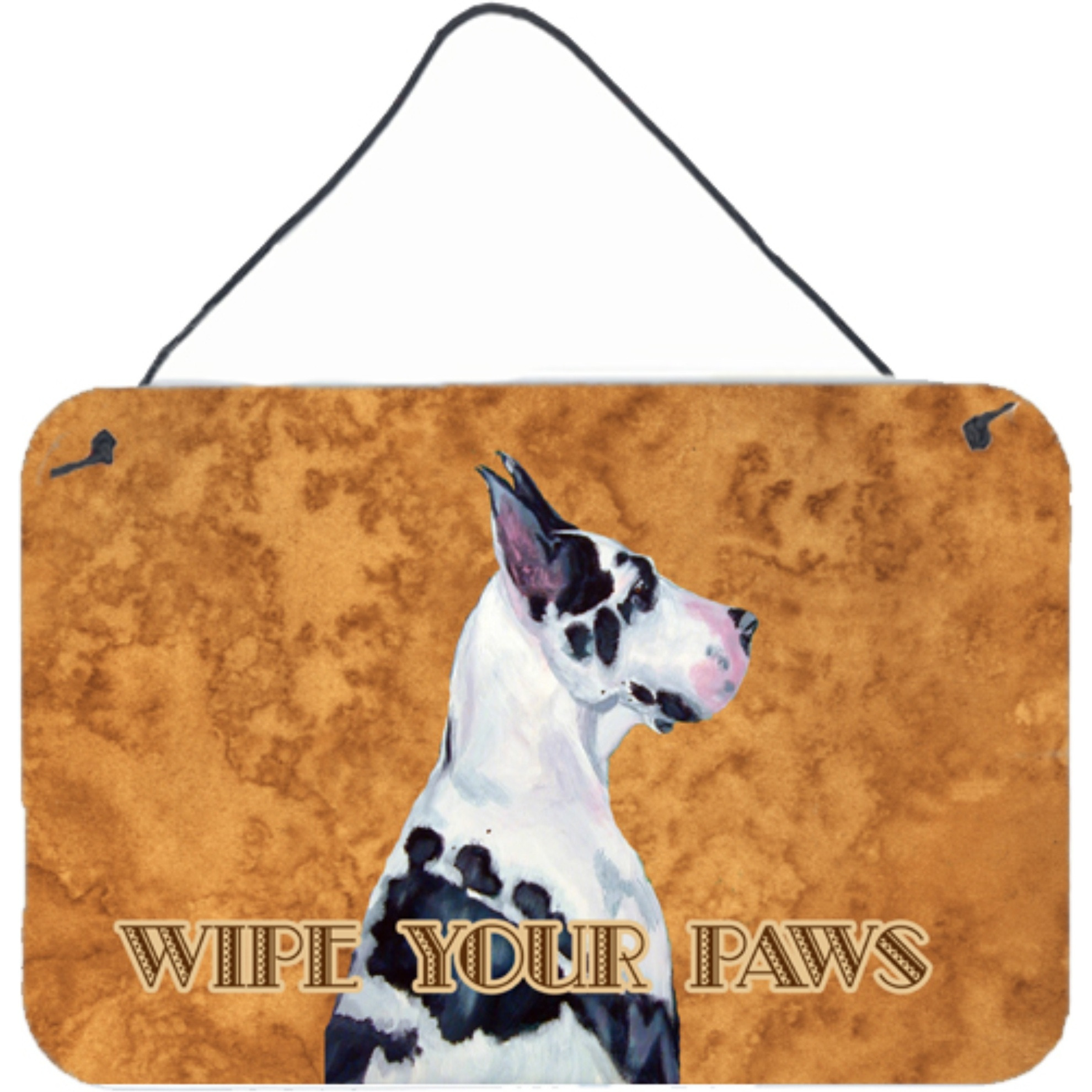 &quotCaroline's Treasures Harlequin Great Dane Wipe Your Paws Aluminum Metal Wall or Door Hanging Prints, 8 x 12"""