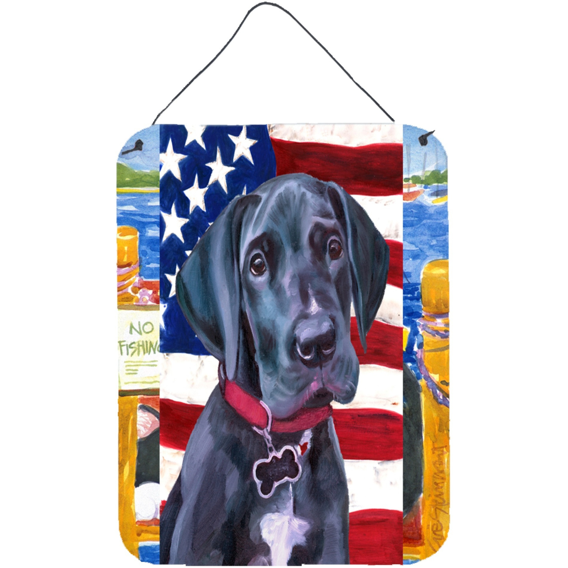 &quotCaroline's Treasures Black Dane Puppy USA Patriotic American Flag Door Hanging Prints wall-decor, 16 x 12, Multicolor"