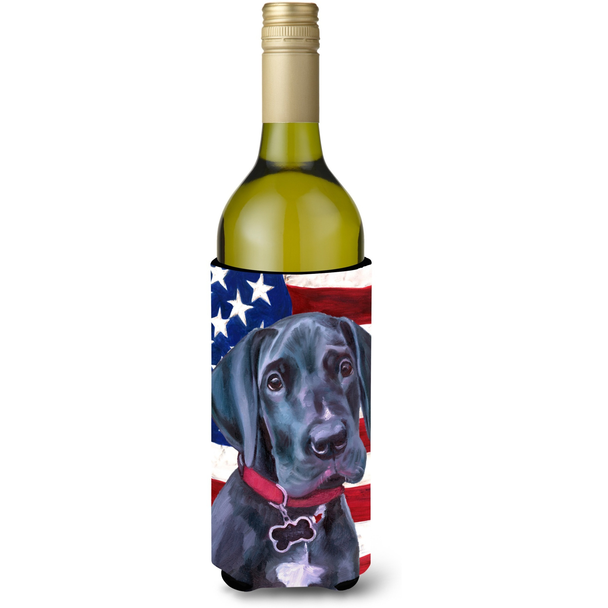 Black Great Dane Puppy USA Patriotic American Flag Wine Bottle Beverage Insulator Hugger LH9544LITERK