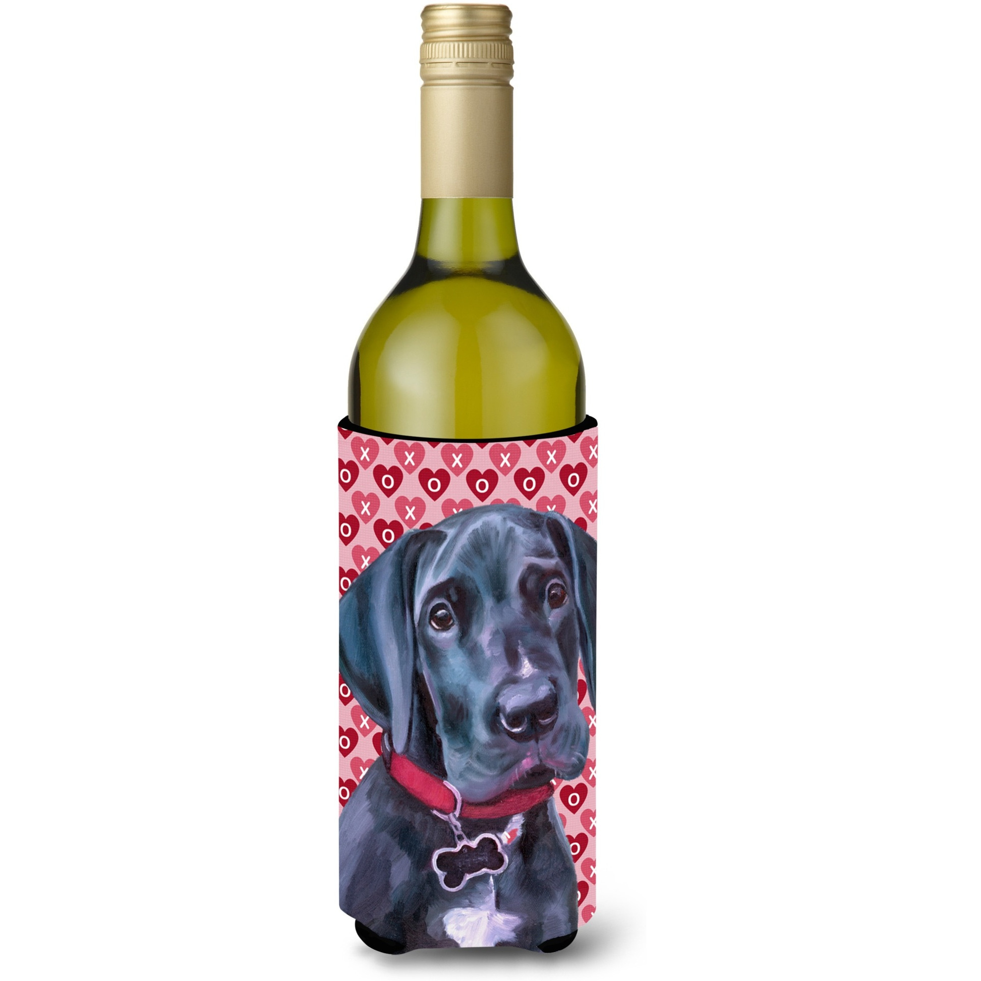 Black Great Dane Puppy Hearts Love and Valentine's Day Wine Bottle Beverage Insulator Hugger LH9565LITERK
