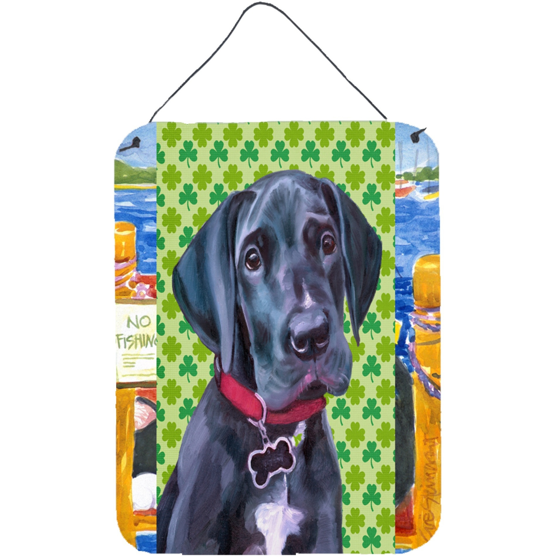 &quotCaroline's Treasures LH9572DS1216 Black Great Dane Puppy St. Patrick's Day Shamrock Wall or Door Hanging Prints, 16 x 12"", Multicolor"