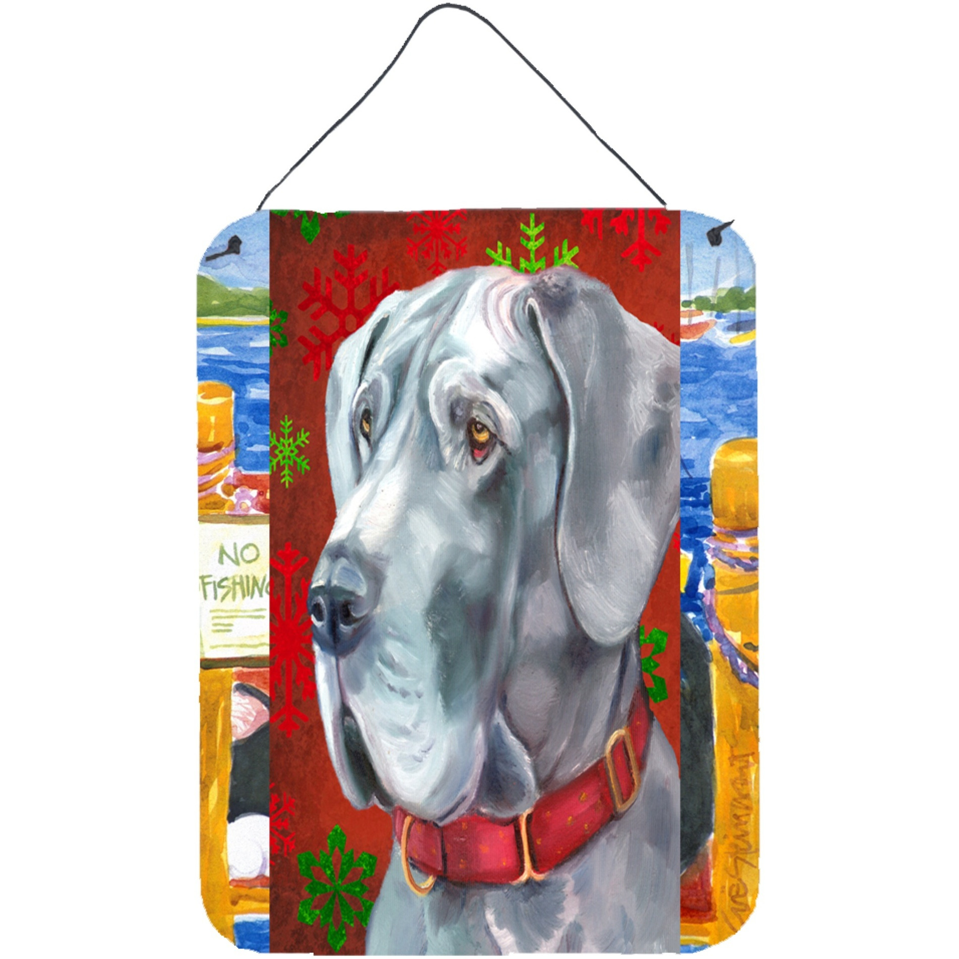 &quotCaroline's Treasures LH9577DS1216 Great Dane Red Snowflakes Holiday Christmas Wall or Door Hanging Prints, 16 x 12"", Multicolor"