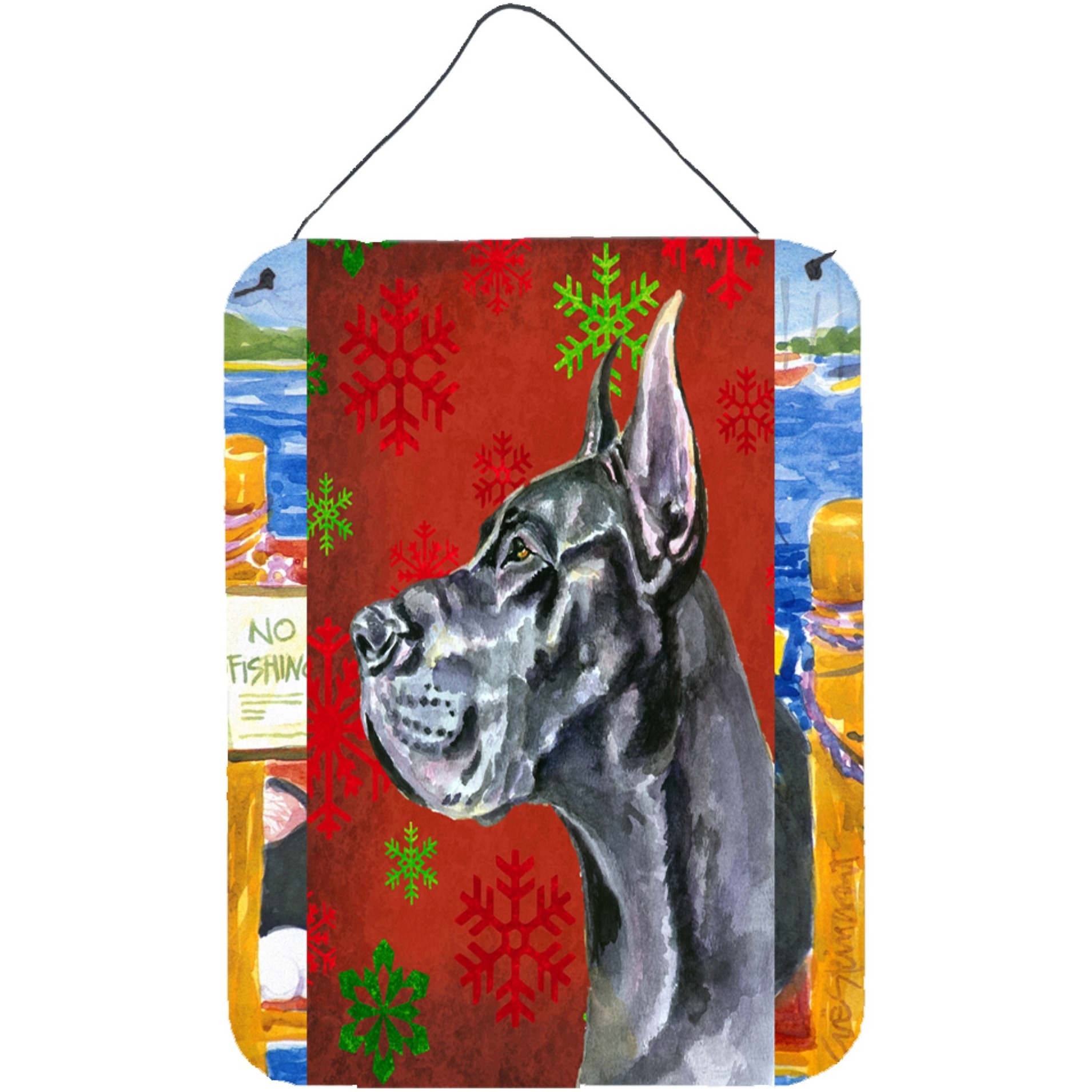 &quotCaroline's Treasures LH9578DS1216 Black Great Dane Red Snowflakes Holiday Christmas Wall or Door Hanging Prints, 16 x 12"", Multicolor"