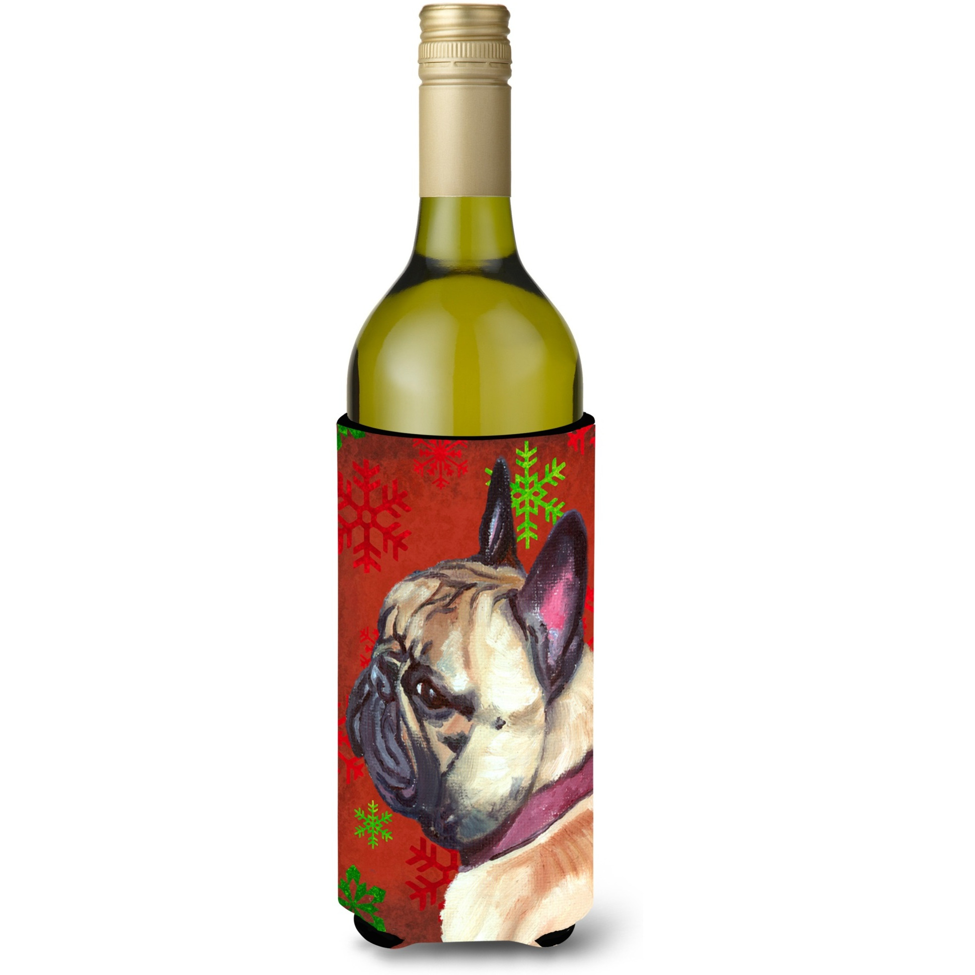 French Bulldog Frenchie Red Snowflakes Holiday Christmas Wine Bottle Beverage Insulator Hugger LH9580LITERK