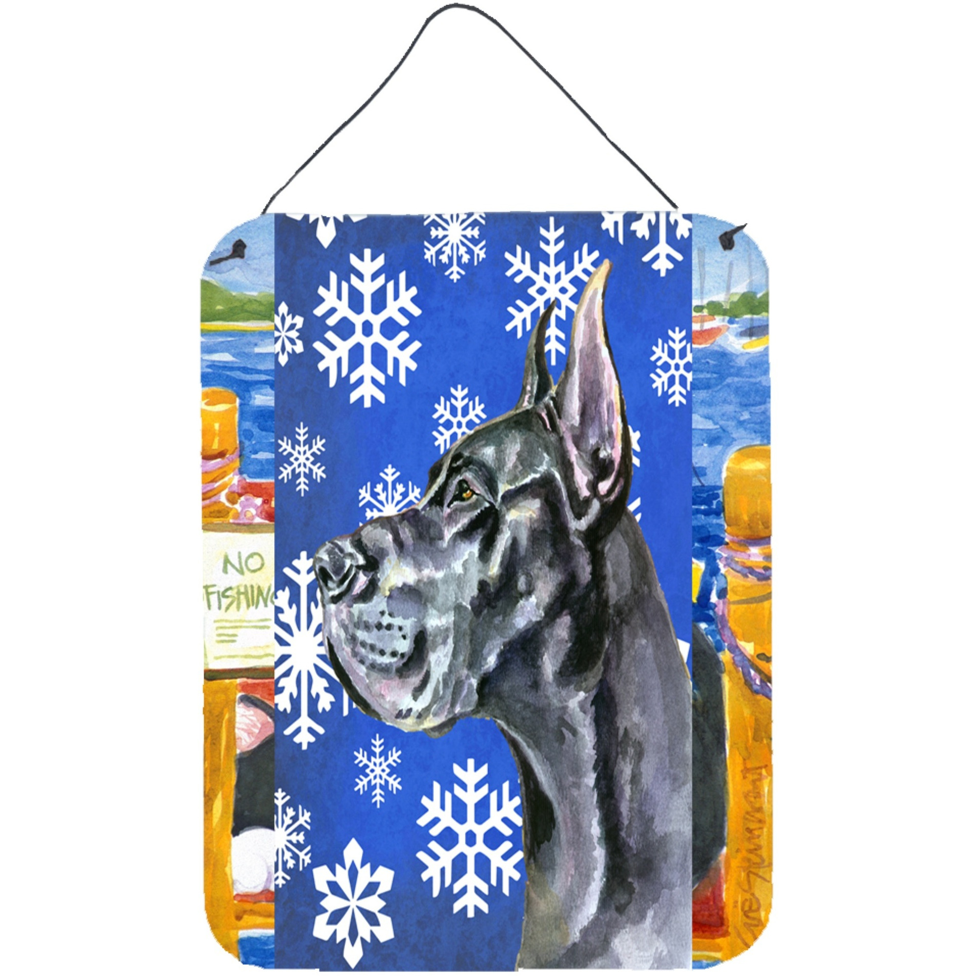 &quotCaroline's Treasures LH9585DS1216 Black Great Dane Winter Snowflakes Holiday Wall or Door Hanging Prints, 16 x 12"", Multicolor"