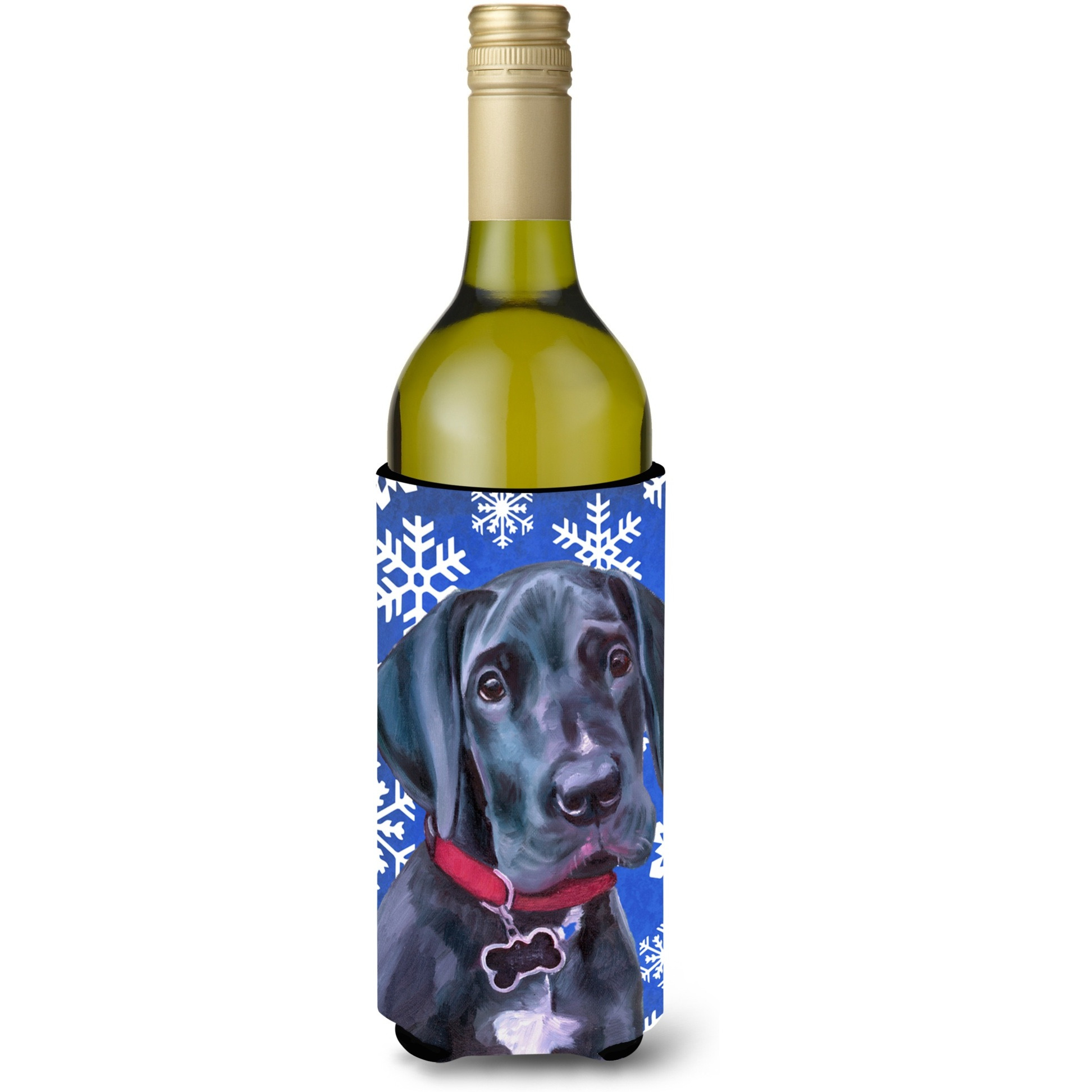 Black Great Dane Puppy Winter Snowflakes Holiday Wine Bottle Beverage Insulator Hugger LH9586LITERK