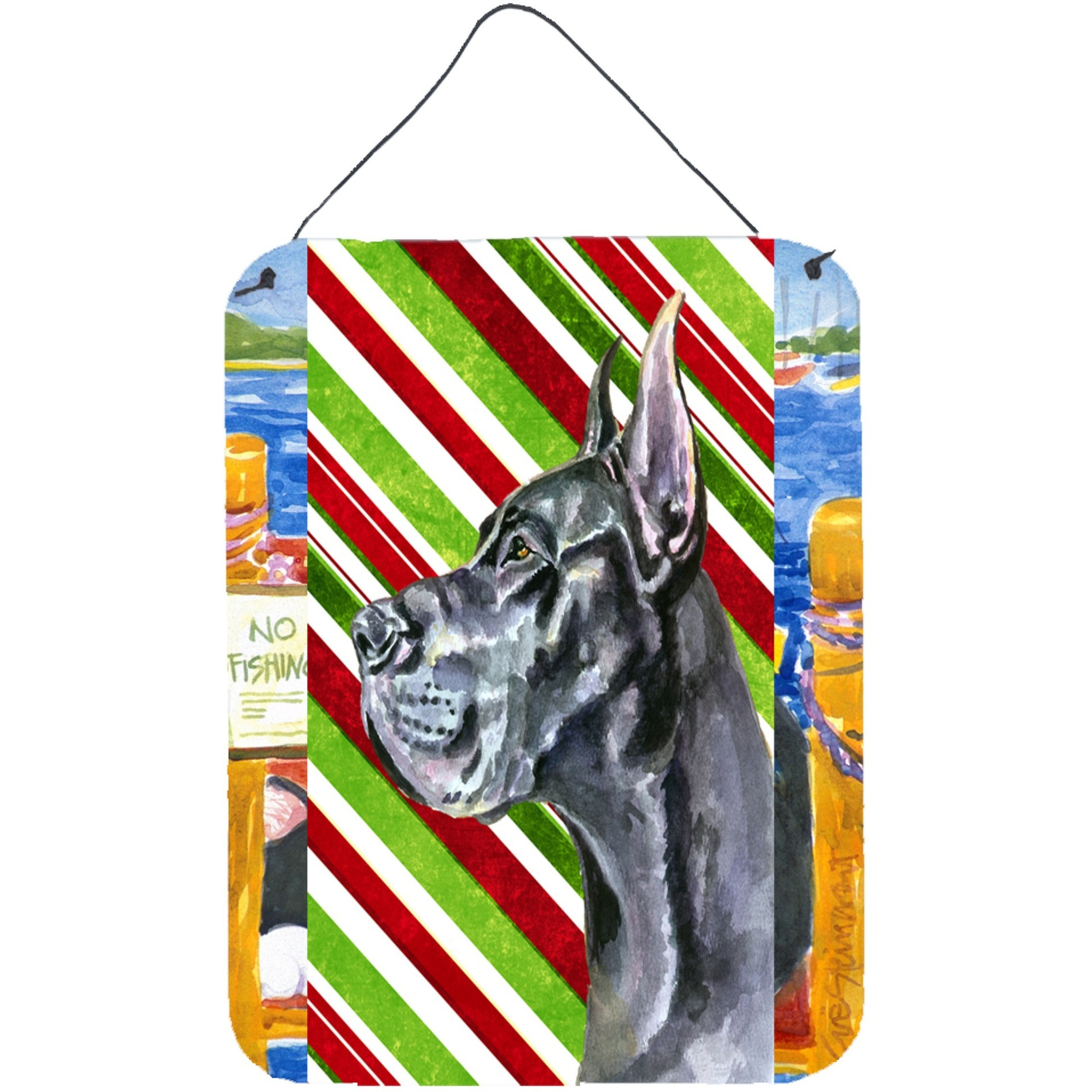 &quotCaroline's Treasures LH9592DS1216 Black Great Dane Candy Cane Holiday Christmas Wall or Door Hanging Prints, 16 x 12"", Multicolor"