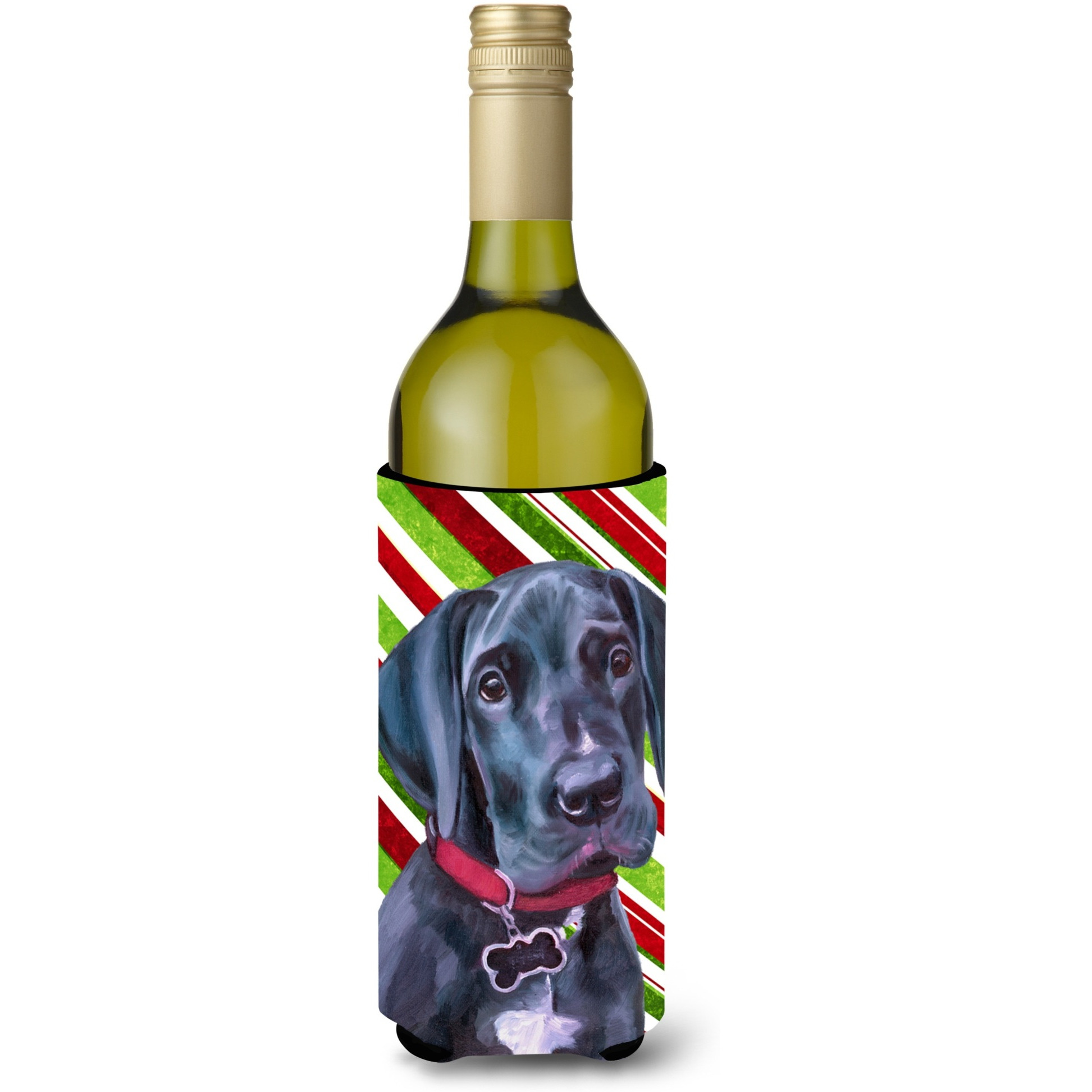 Black Great Dane Puppy Candy Cane Holiday Christmas Wine Bottle Beverage Insulator Hugger LH9593LITERK